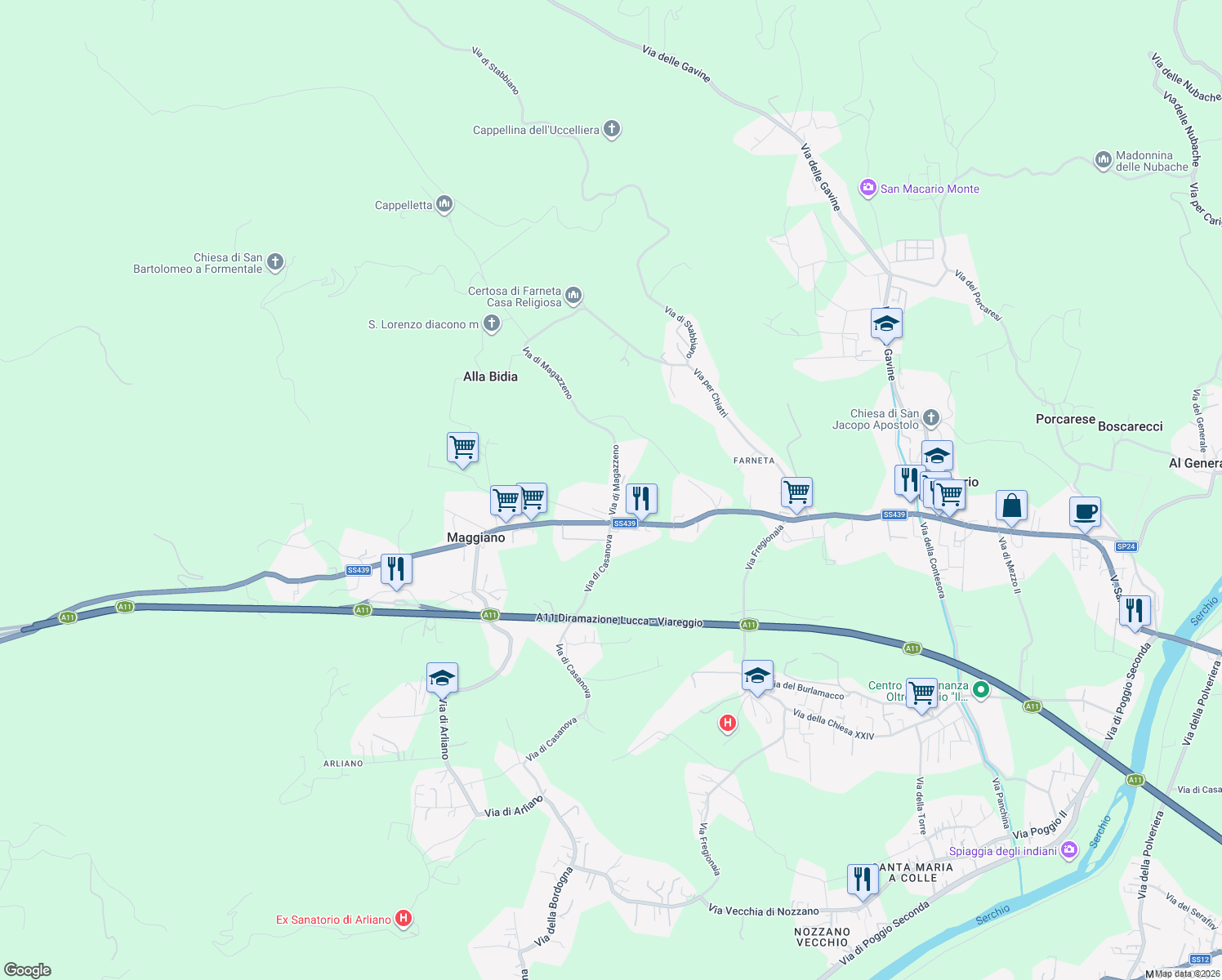map of restaurants, bars, coffee shops, grocery stores, and more near 149 Via di Magazzeno in Maggiano