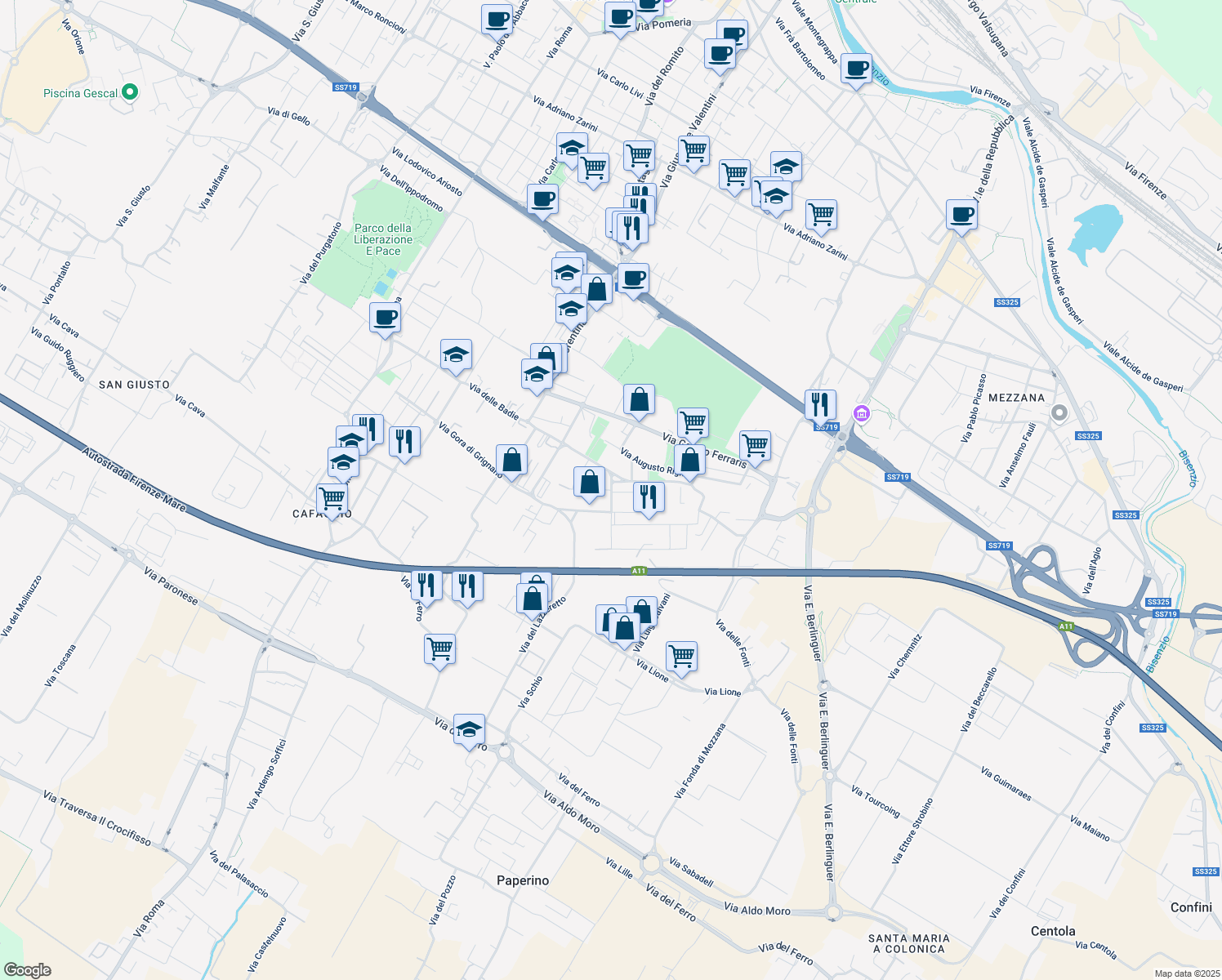map of restaurants, bars, coffee shops, grocery stores, and more near 33 Via Enrico Fermi in Prato
