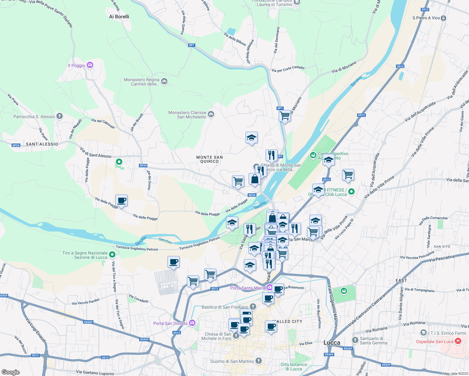 map of restaurants, bars, coffee shops, grocery stores, and more near 318 Via di Sant'Alessio in Lucca