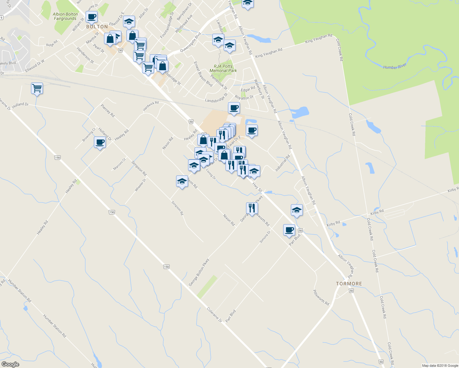 map of restaurants, bars, coffee shops, grocery stores, and more near 34 Hopcroft Road in Caledon