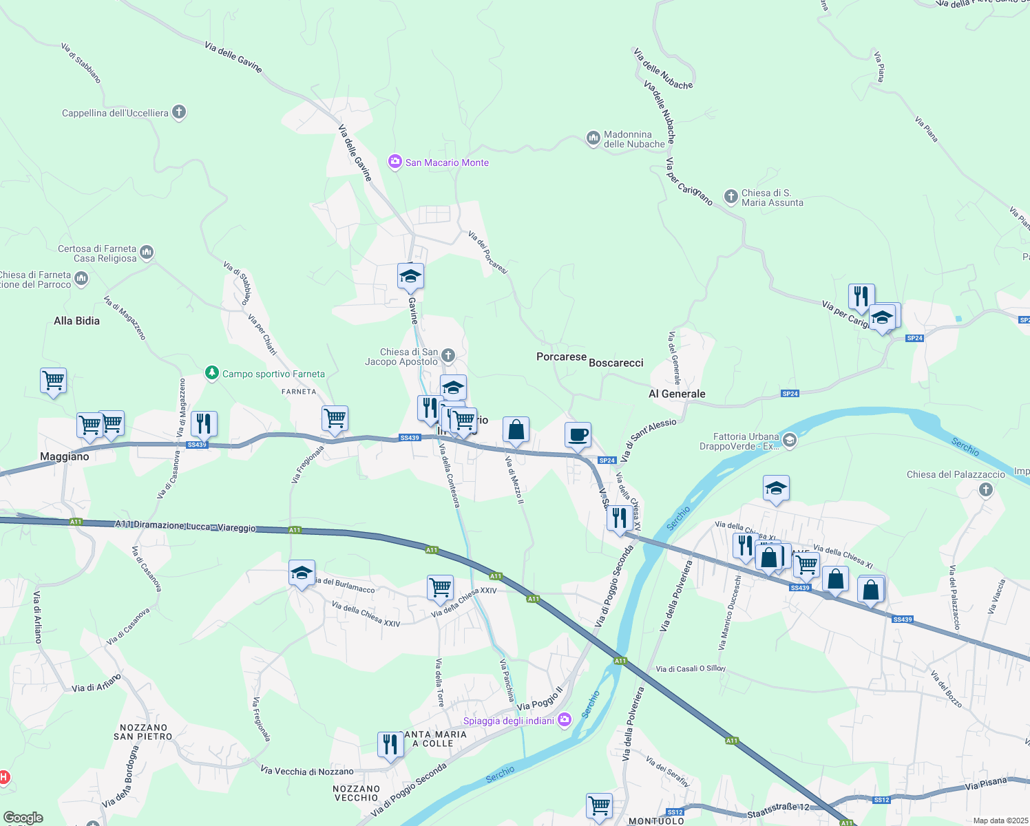map of restaurants, bars, coffee shops, grocery stores, and more near 515 Via della Chiesa XXIII in Lucca
