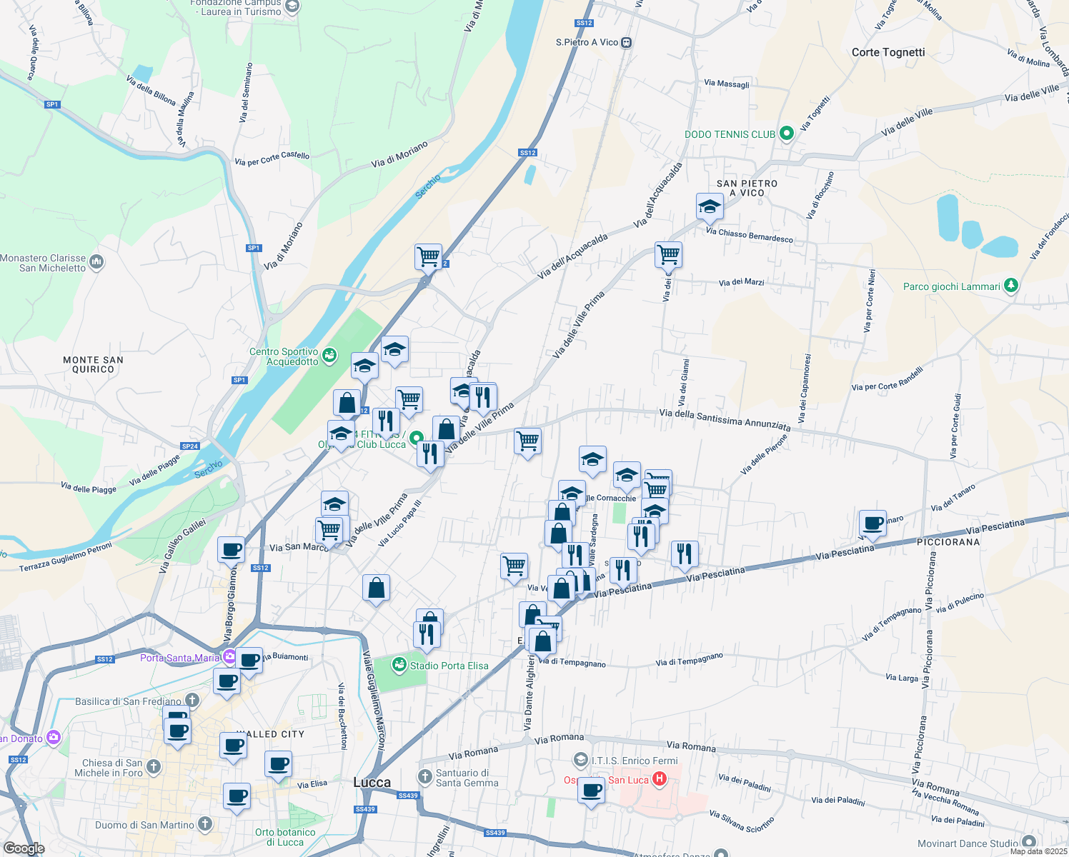 map of restaurants, bars, coffee shops, grocery stores, and more near 295 Via della Santissima Annunziata in Lucca