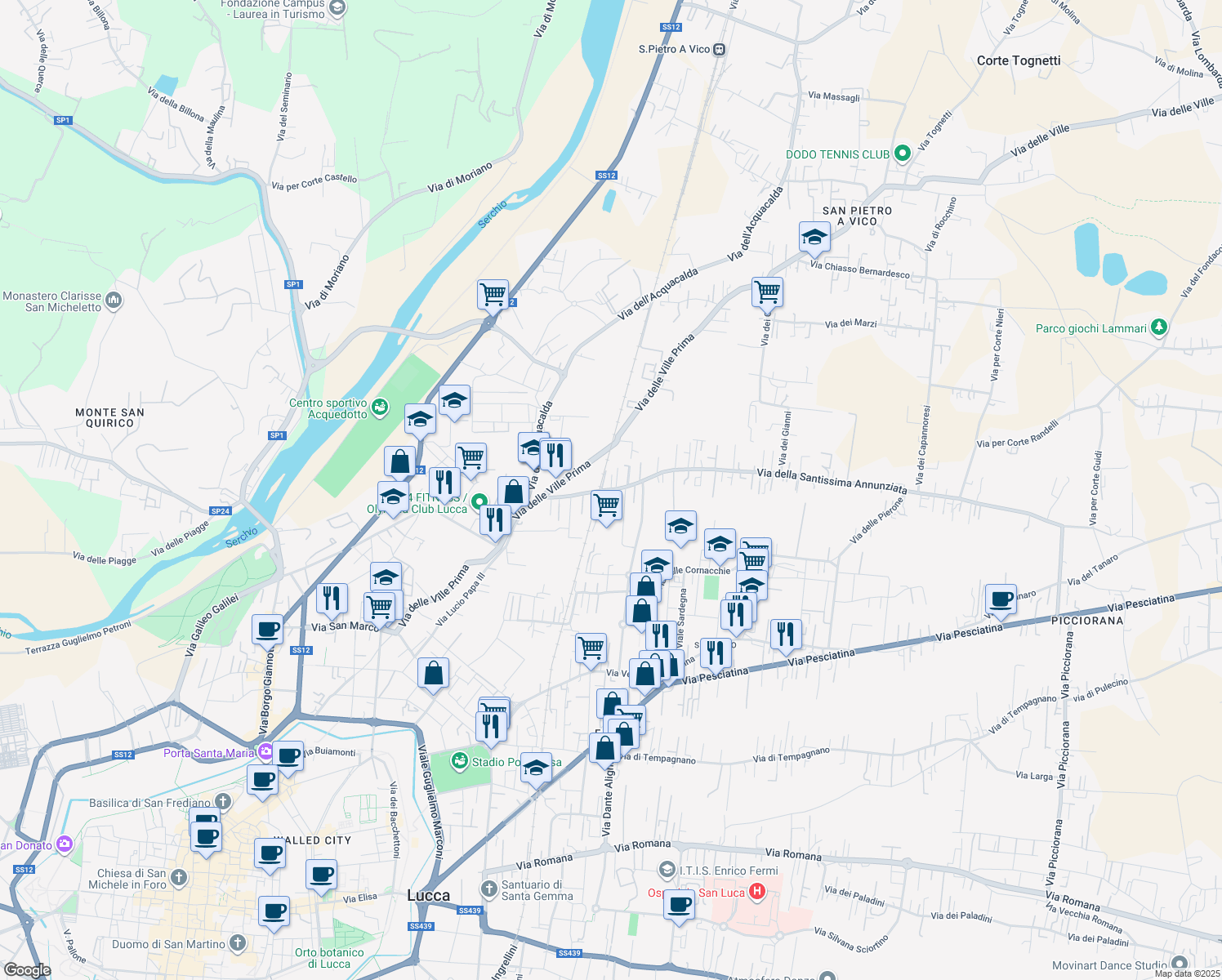 map of restaurants, bars, coffee shops, grocery stores, and more near 295 Via della Santissima Annunziata in Lucca