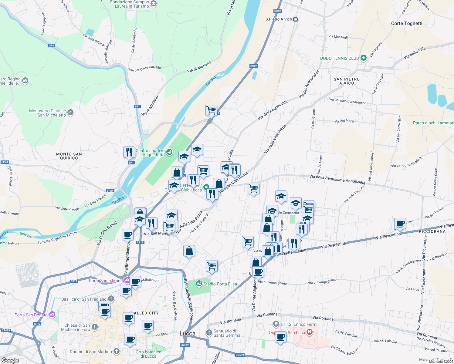 map of restaurants, bars, coffee shops, grocery stores, and more near 11 Via dell'Acquacalda in Lucca