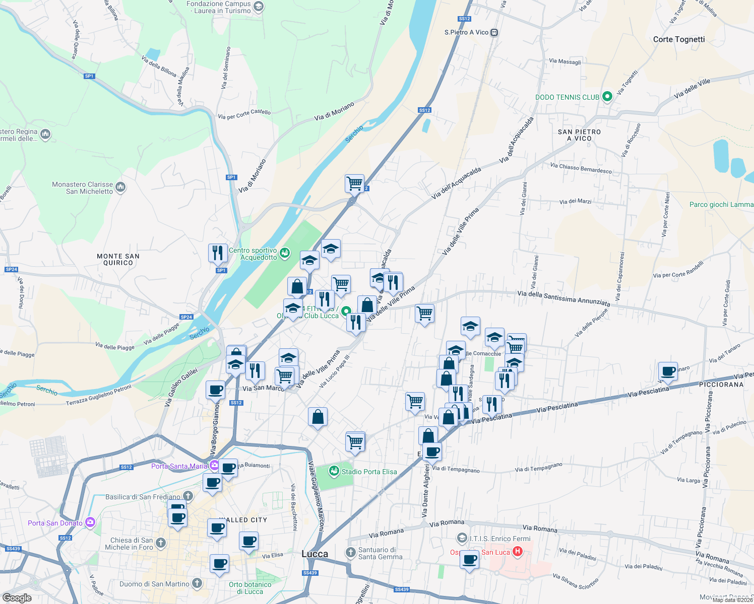 map of restaurants, bars, coffee shops, grocery stores, and more near 11 Via dell'Acquacalda in Lucca