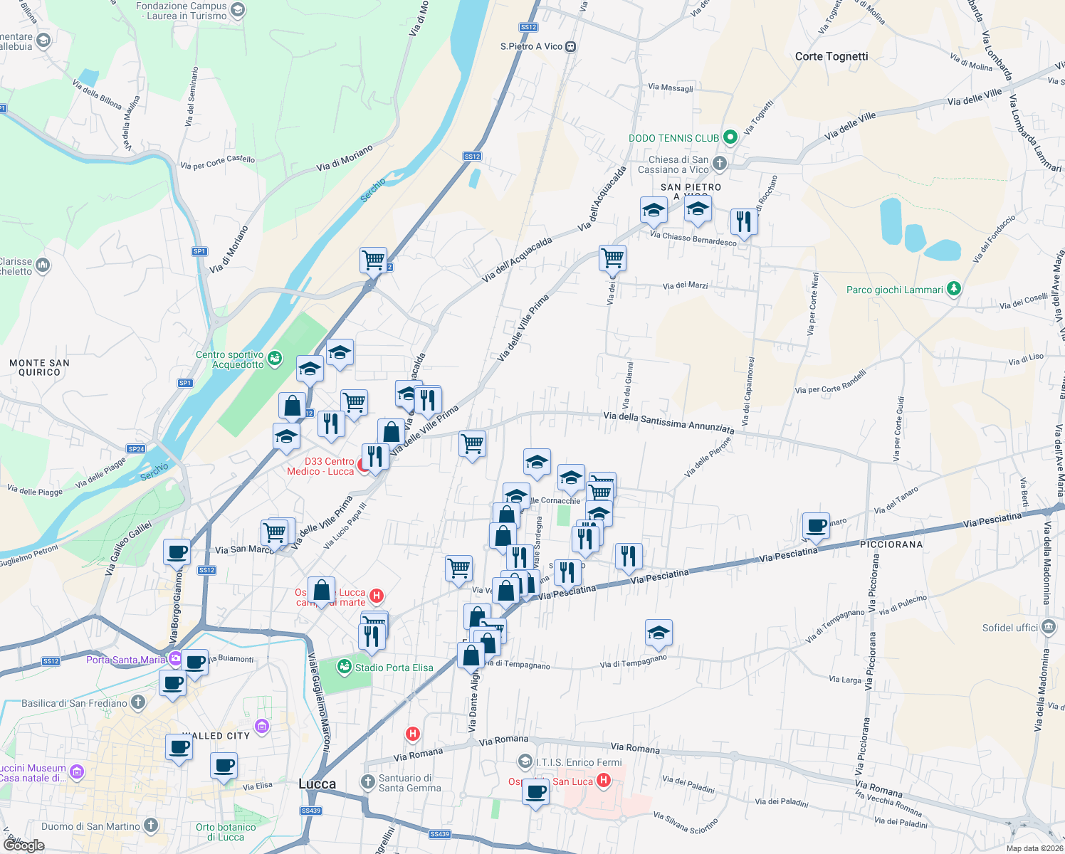map of restaurants, bars, coffee shops, grocery stores, and more near 65 Traversa II via SS.Annunziata in Lucca