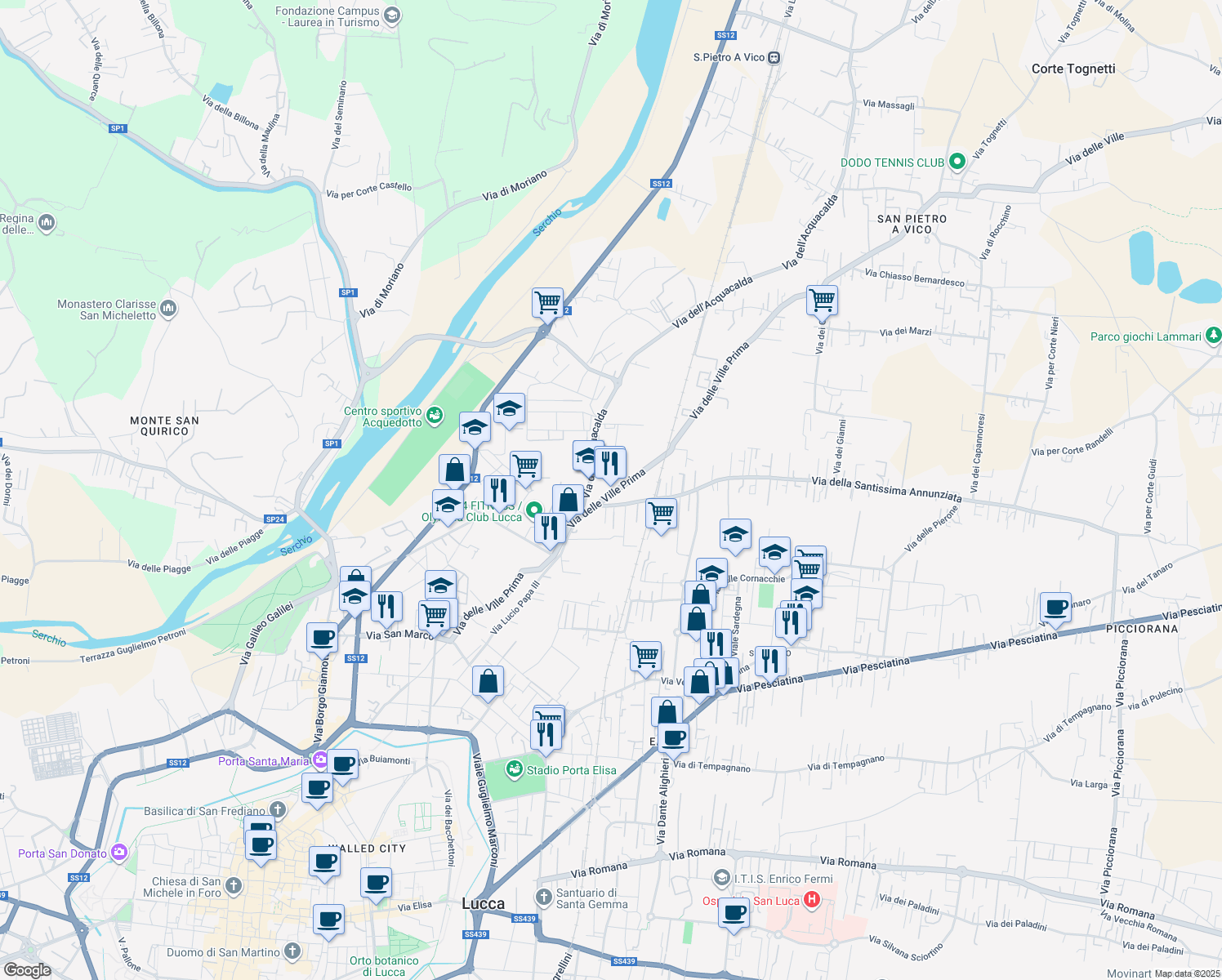 map of restaurants, bars, coffee shops, grocery stores, and more near Via delle Ville Prima in Lucca