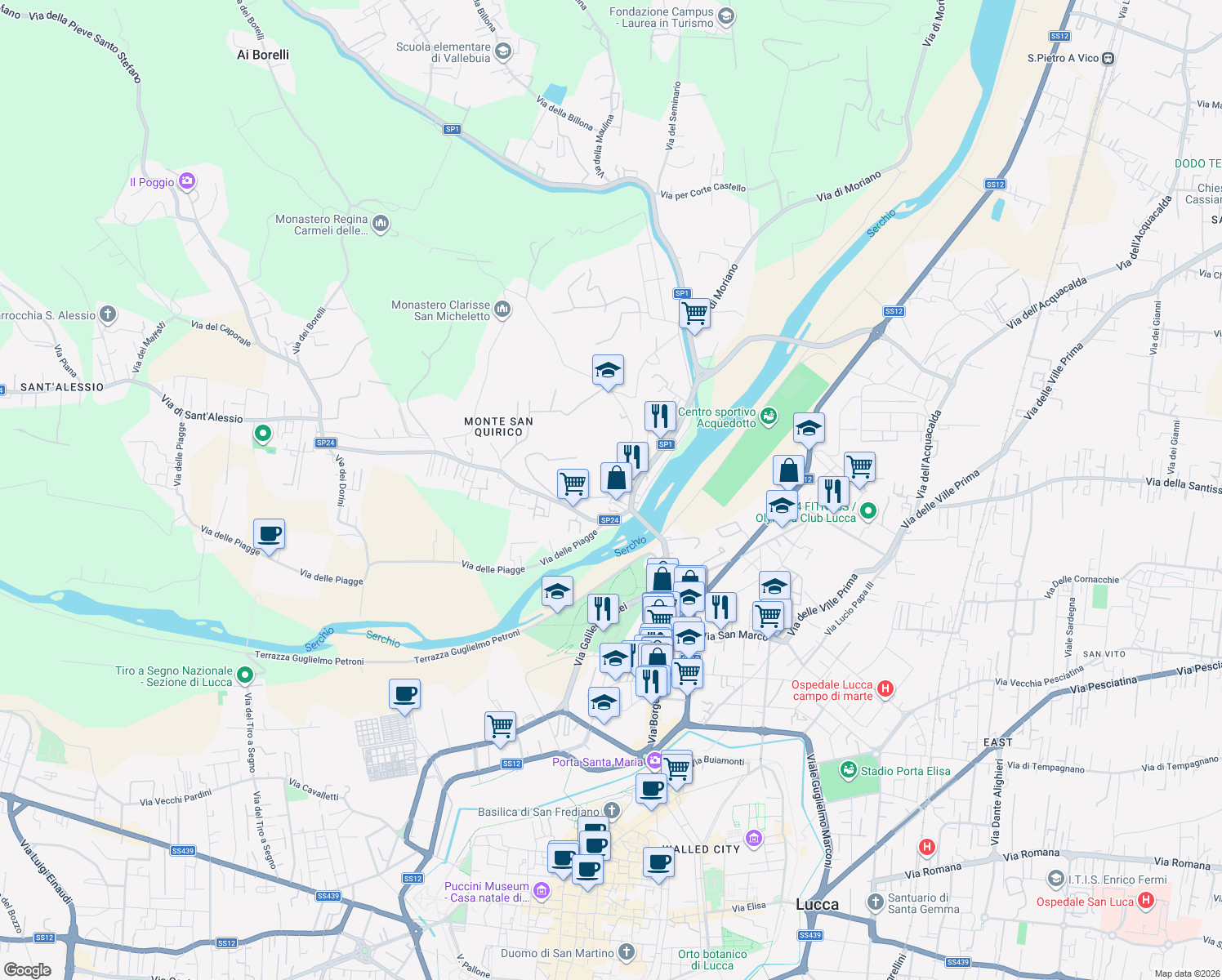 map of restaurants, bars, coffee shops, grocery stores, and more near Via della Chiesa IX in Lucca