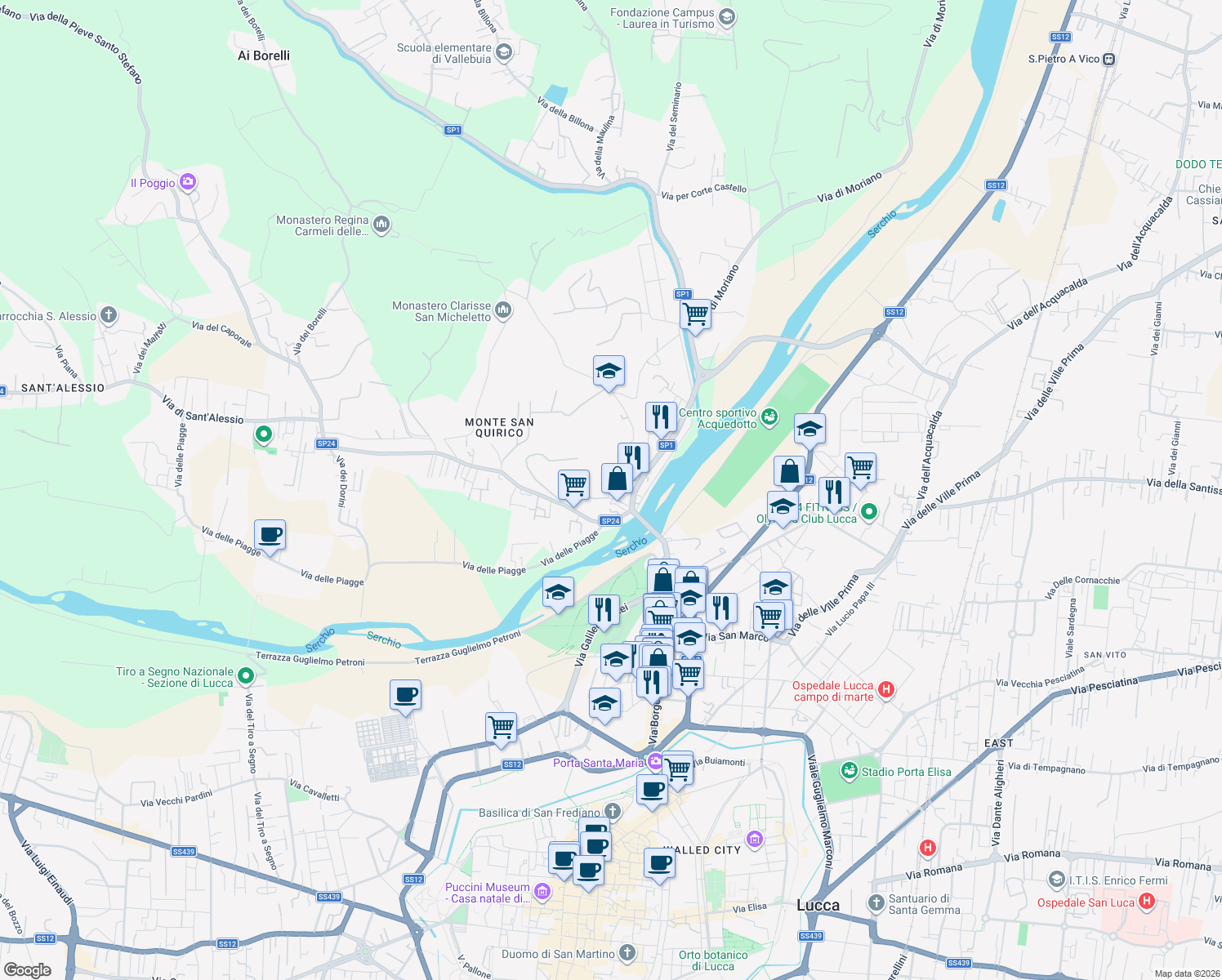 map of restaurants, bars, coffee shops, grocery stores, and more near Via della Chiesa IX in Lucca