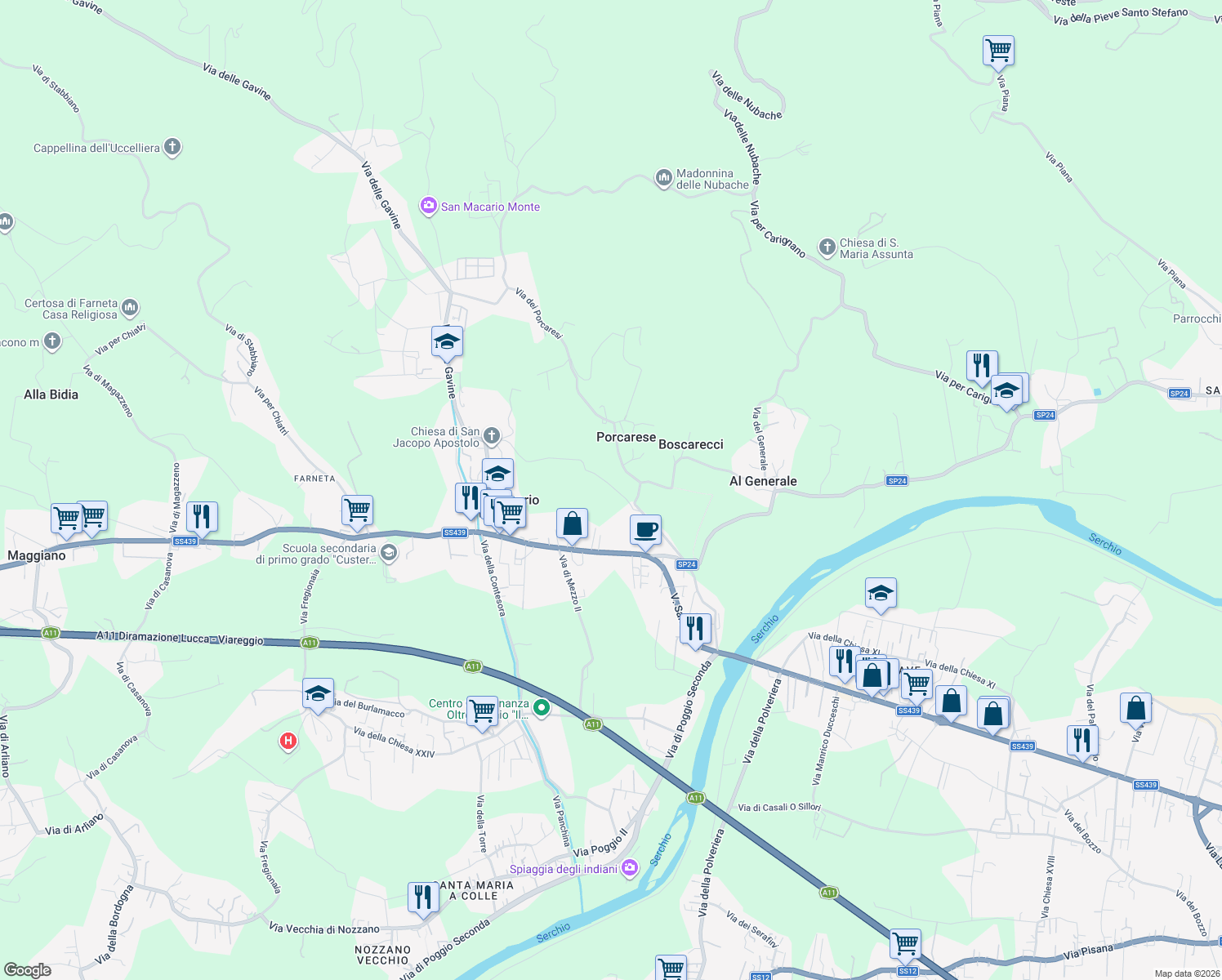 map of restaurants, bars, coffee shops, grocery stores, and more near 387 Via della Chiesa XXIII in San Macario In Piano