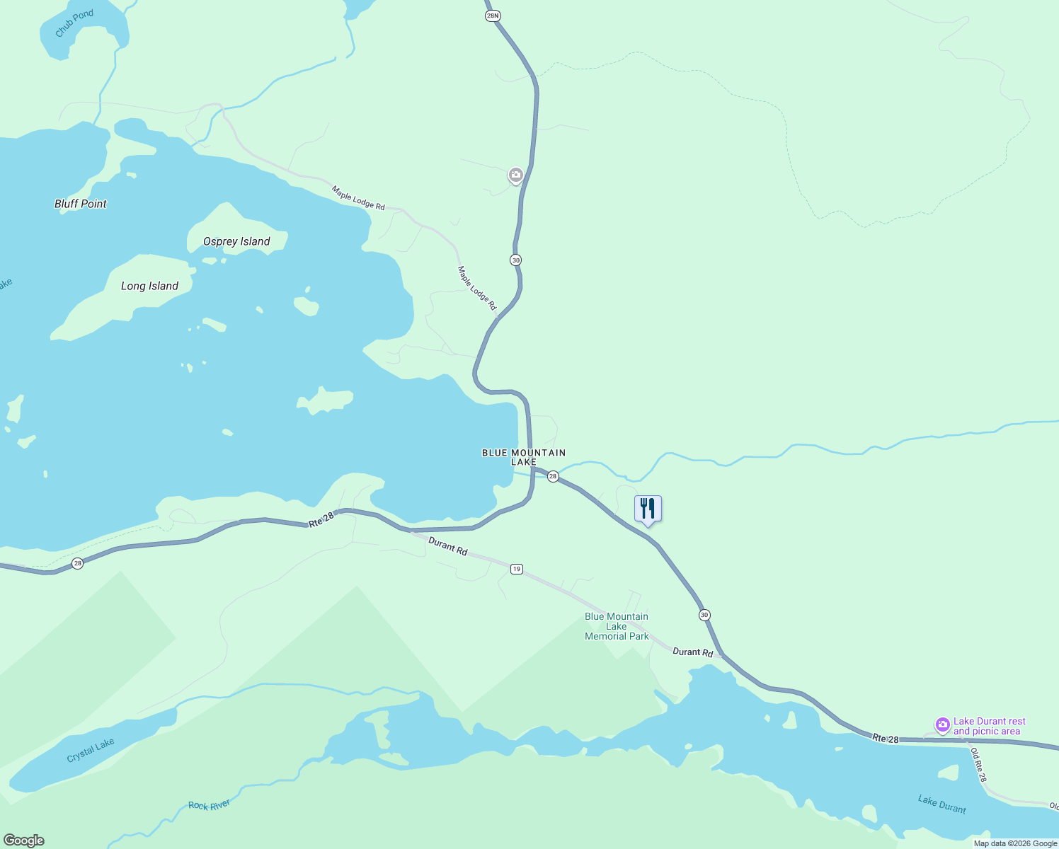 map of restaurants, bars, coffee shops, grocery stores, and more near State Highway 30 in Blue Mountain Lake