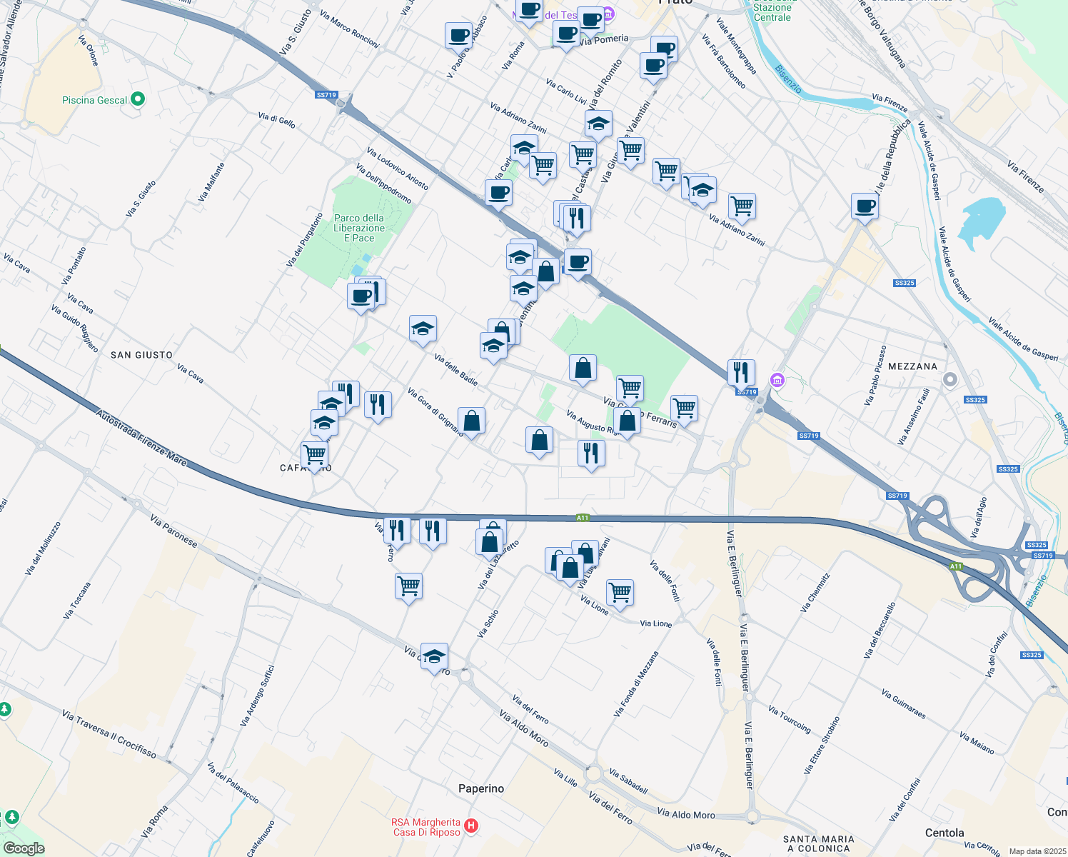 map of restaurants, bars, coffee shops, grocery stores, and more near 19-33 Via Enrico Fermi in Prato