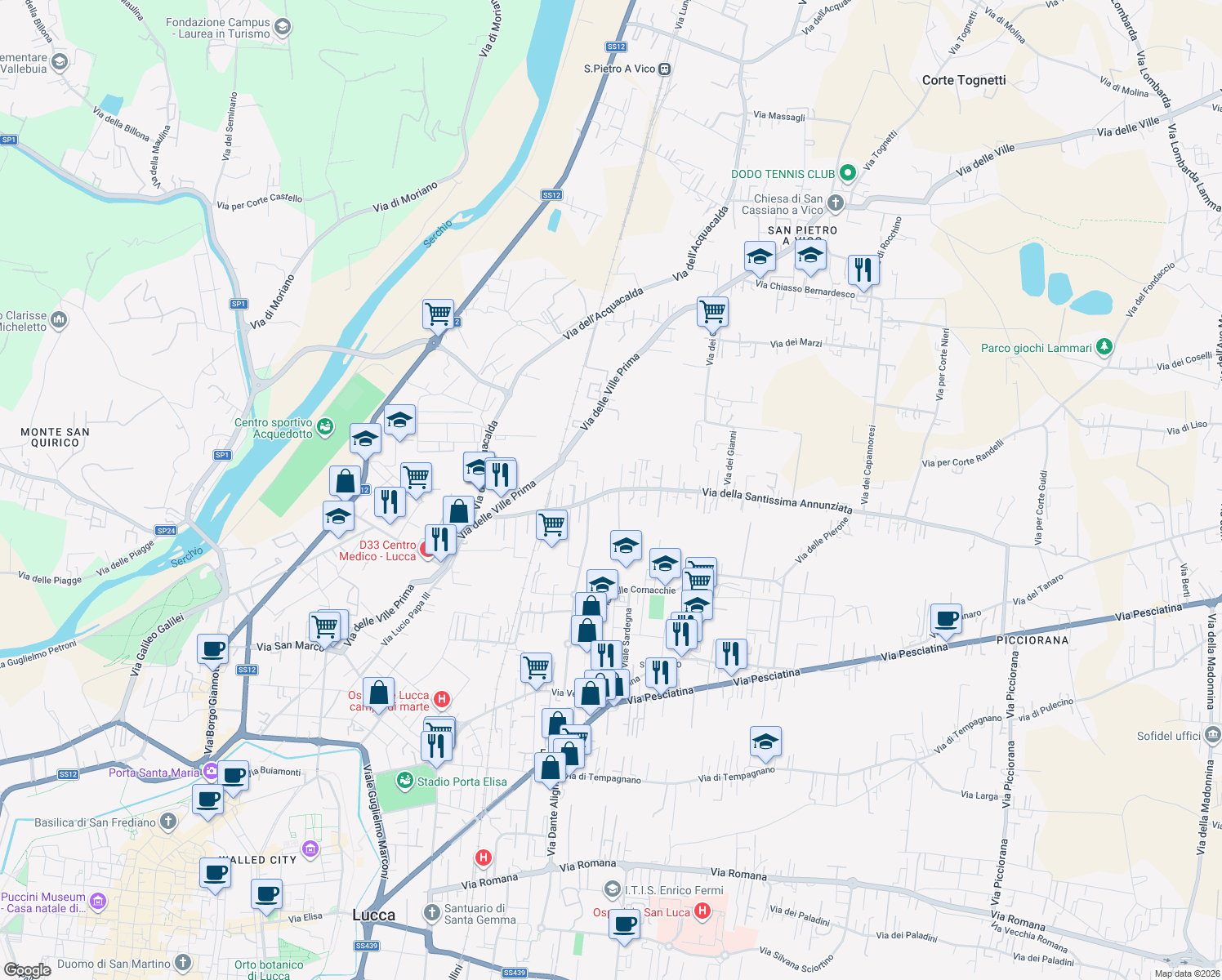 map of restaurants, bars, coffee shops, grocery stores, and more near 65 Traversa II via SS.Annunziata in Lucca