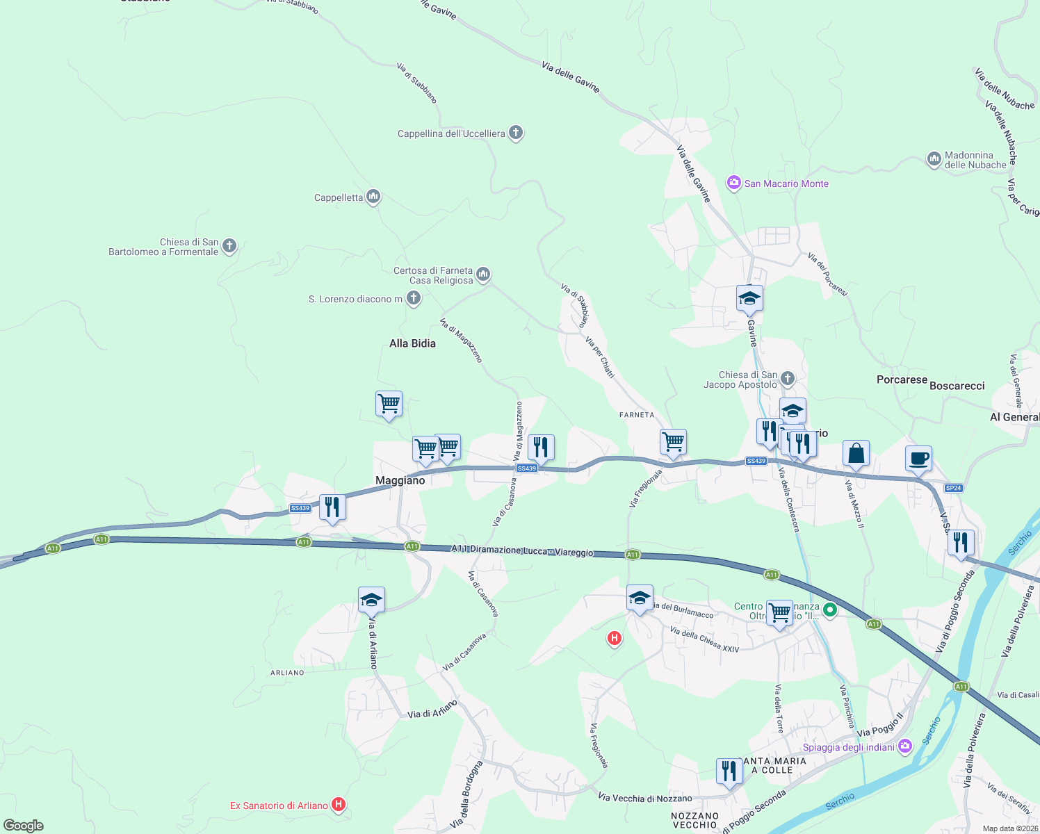 map of restaurants, bars, coffee shops, grocery stores, and more near 149 Via di Magazzeno in Maggiano