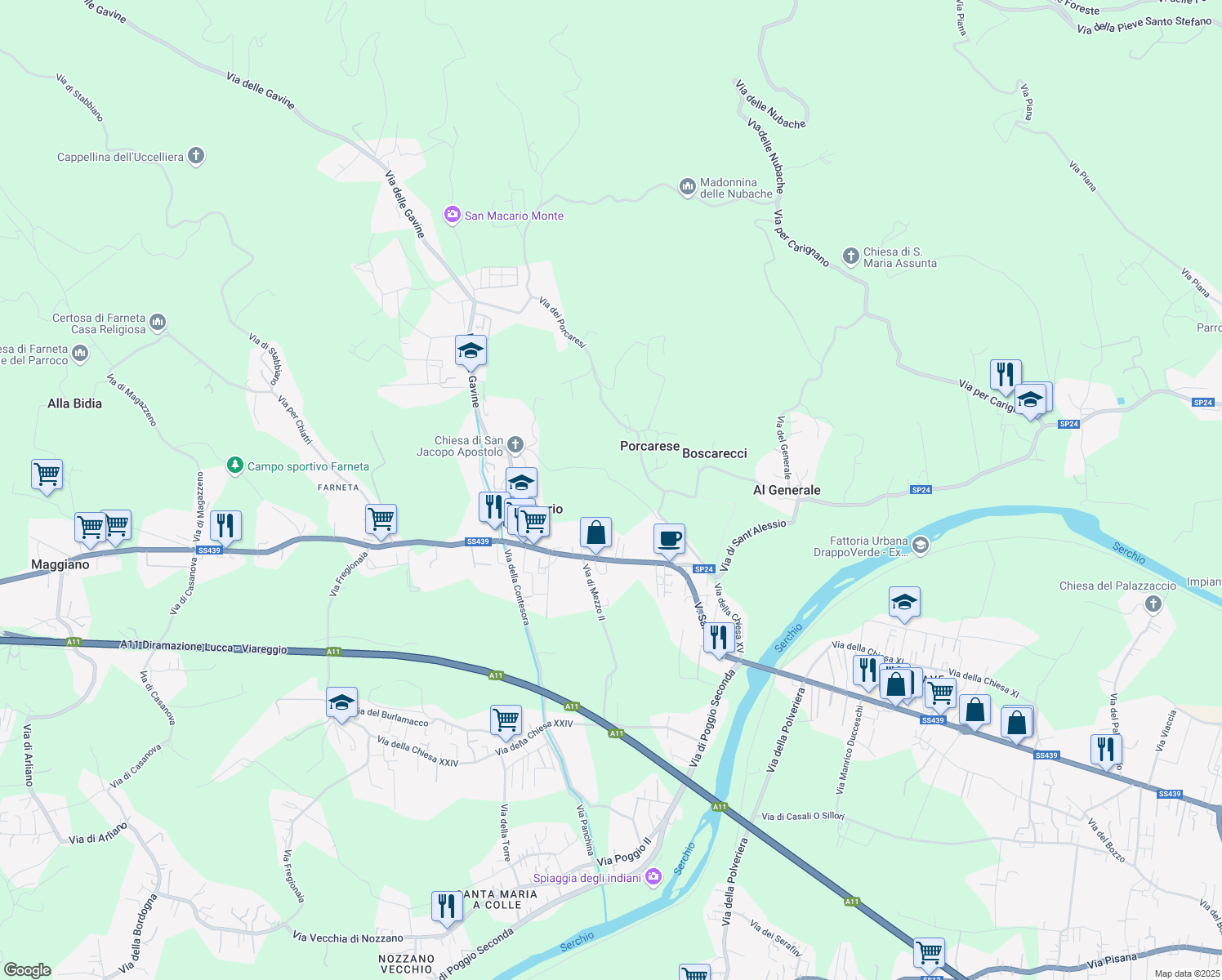 map of restaurants, bars, coffee shops, grocery stores, and more near 515 Via della Chiesa XXIII in Lucca