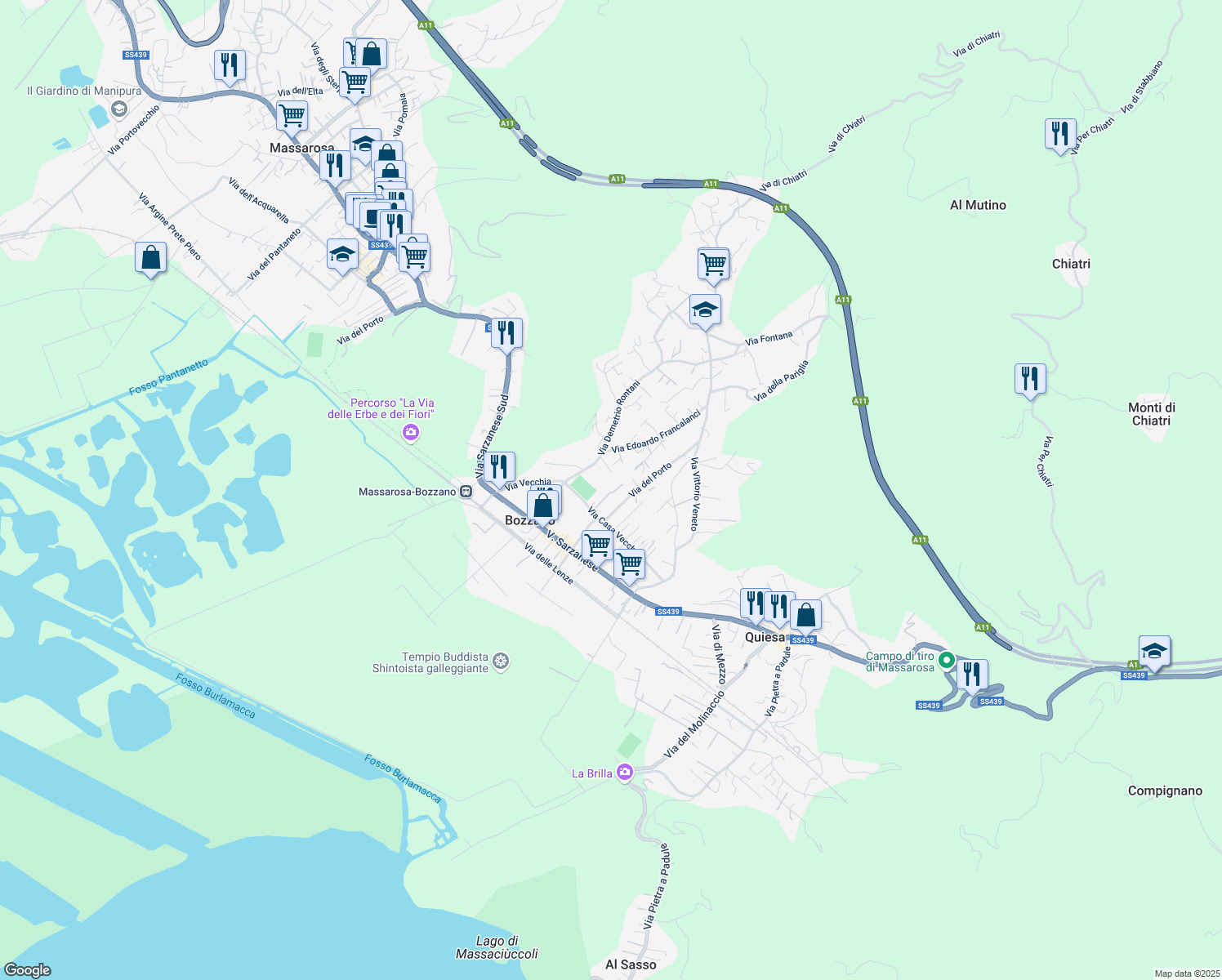 map of restaurants, bars, coffee shops, grocery stores, and more near 111 Via Muricciola in Massarosa
