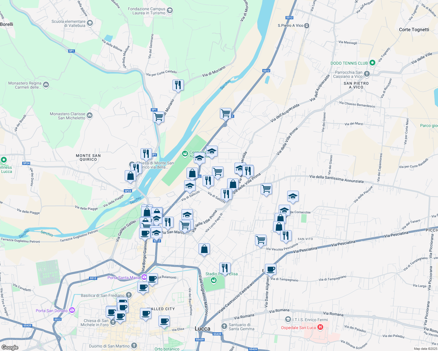 map of restaurants, bars, coffee shops, grocery stores, and more near 294 Via dei Bichi in Lucca