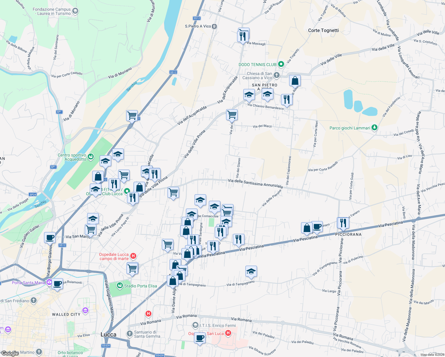 map of restaurants, bars, coffee shops, grocery stores, and more near 806 Via della Santissima Annunziata in Lucca