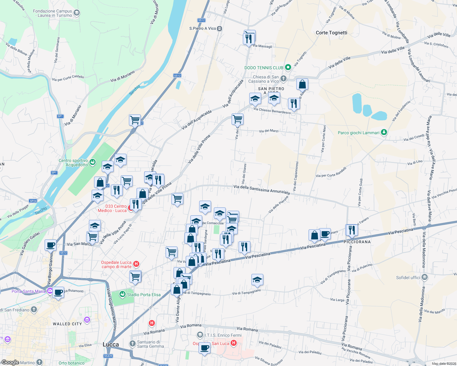 map of restaurants, bars, coffee shops, grocery stores, and more near 806 Via della Santissima Annunziata in Lucca