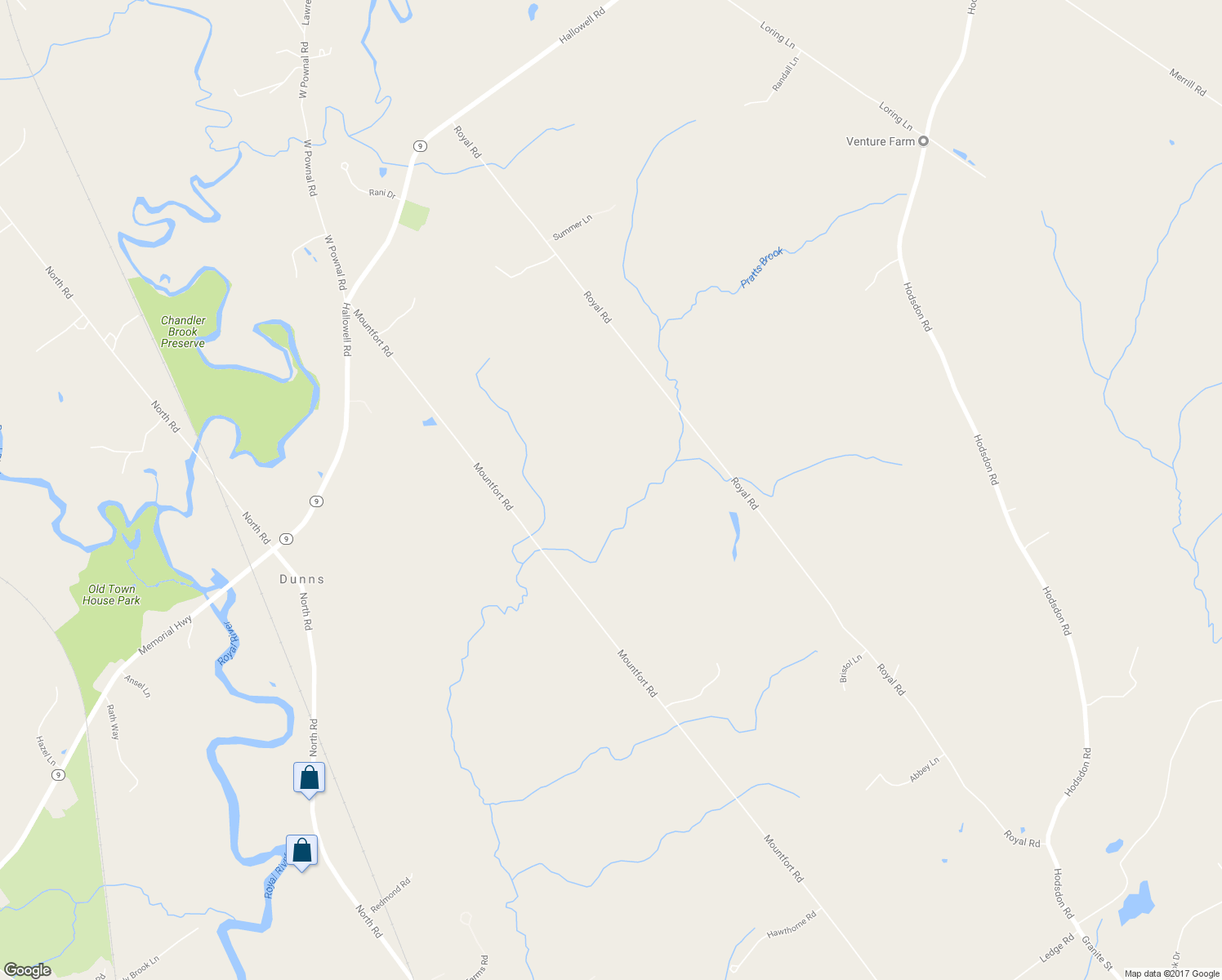 map of restaurants, bars, coffee shops, grocery stores, and more near 204 Royal Road in North Yarmouth