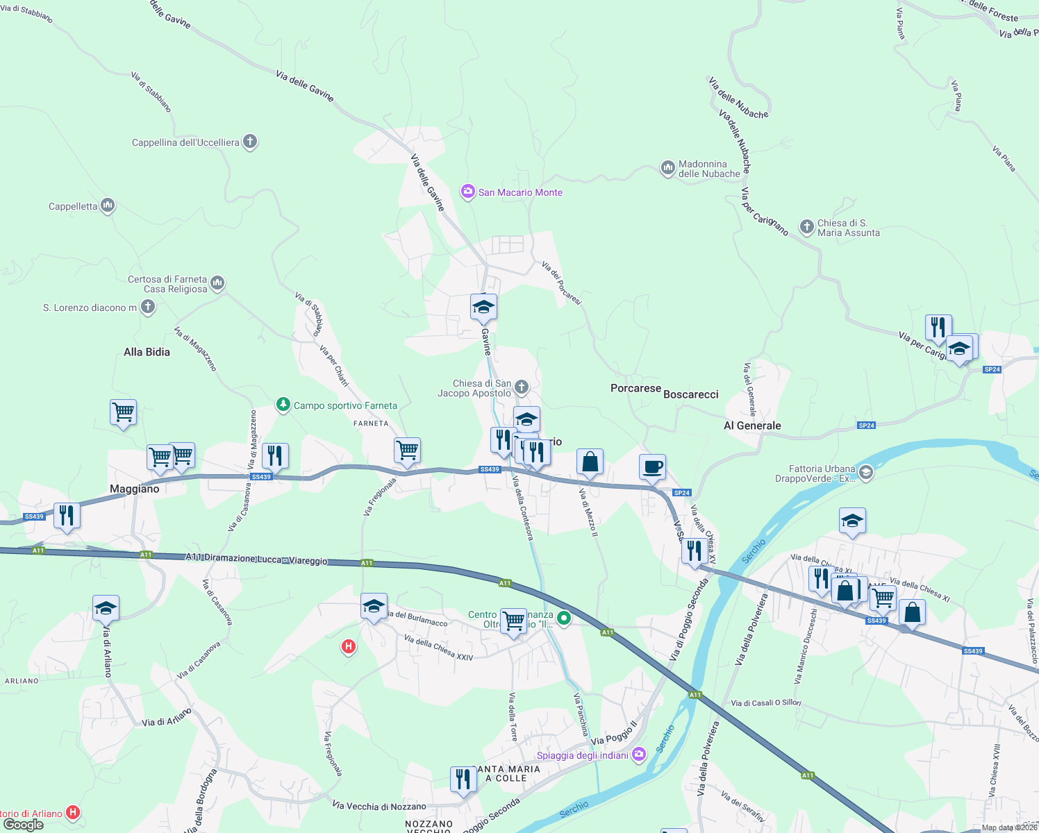 map of restaurants, bars, coffee shops, grocery stores, and more near 215/M Via delle Gavine in Lucca