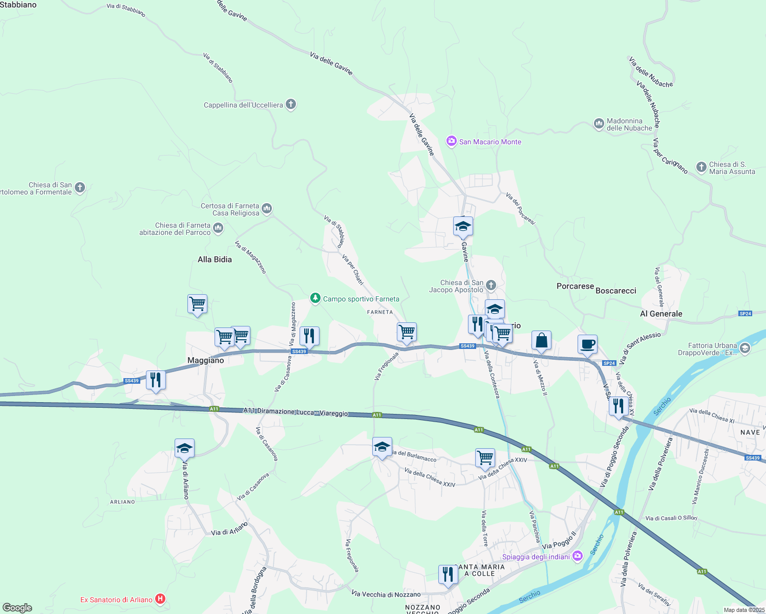 map of restaurants, bars, coffee shops, grocery stores, and more near 424 Via per Chiatri in Lucca