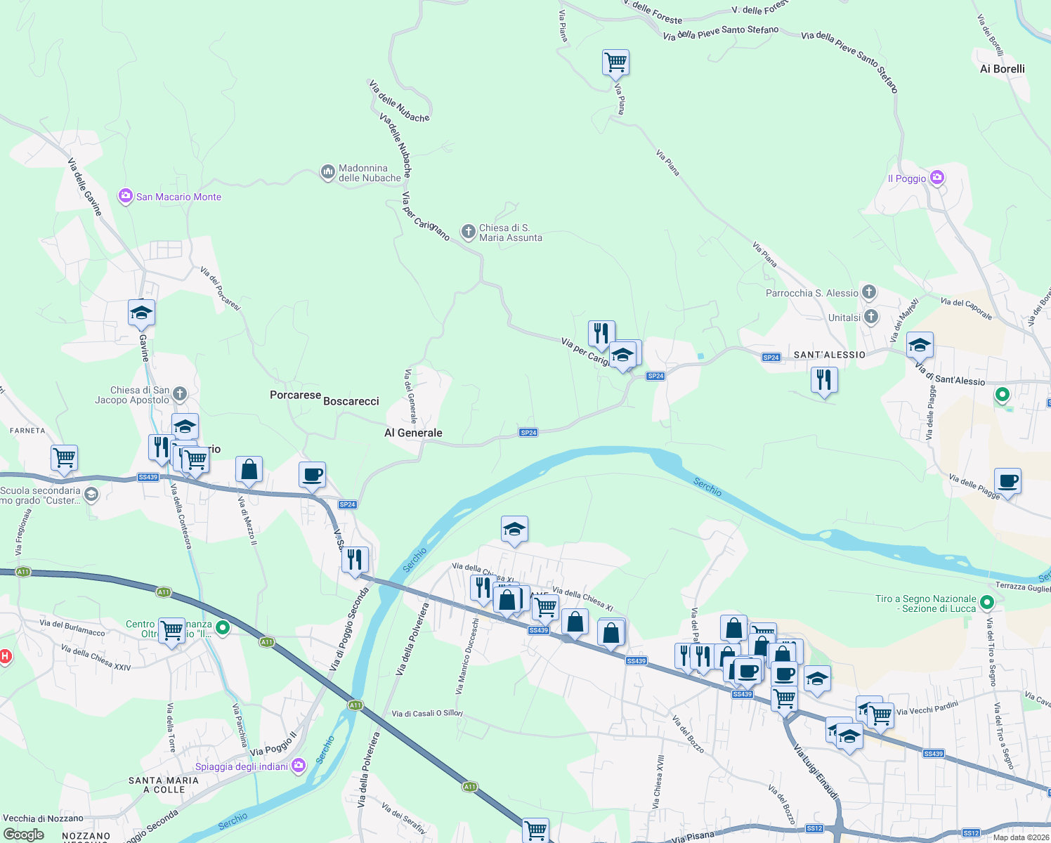map of restaurants, bars, coffee shops, grocery stores, and more near 4320 Via di Sant'Alessio in Lucca