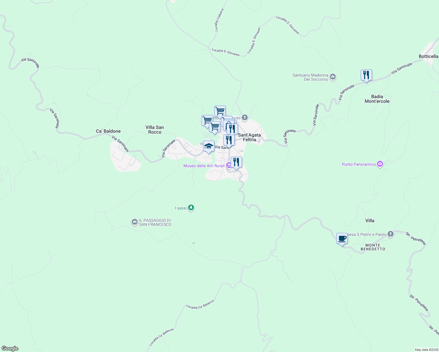 map of restaurants, bars, coffee shops, grocery stores, and more near 18 Via Malatesta in Sant'Agata Feltria