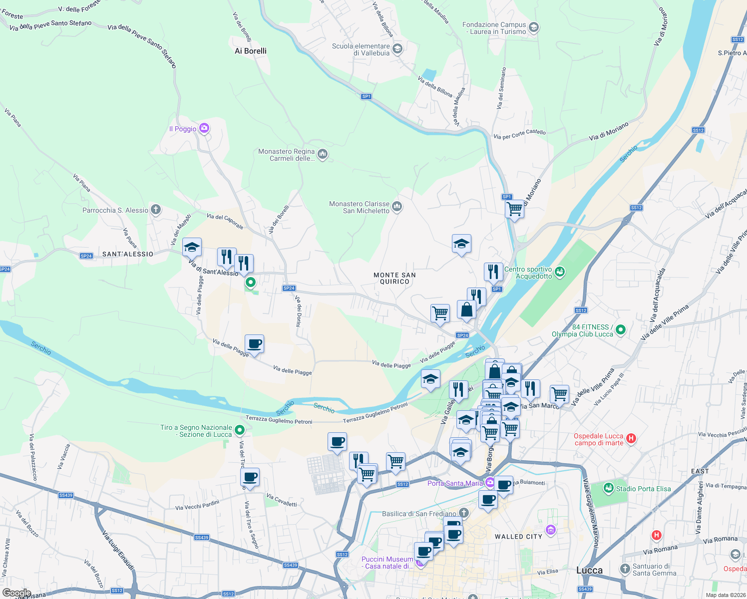 map of restaurants, bars, coffee shops, grocery stores, and more near in Lucca
