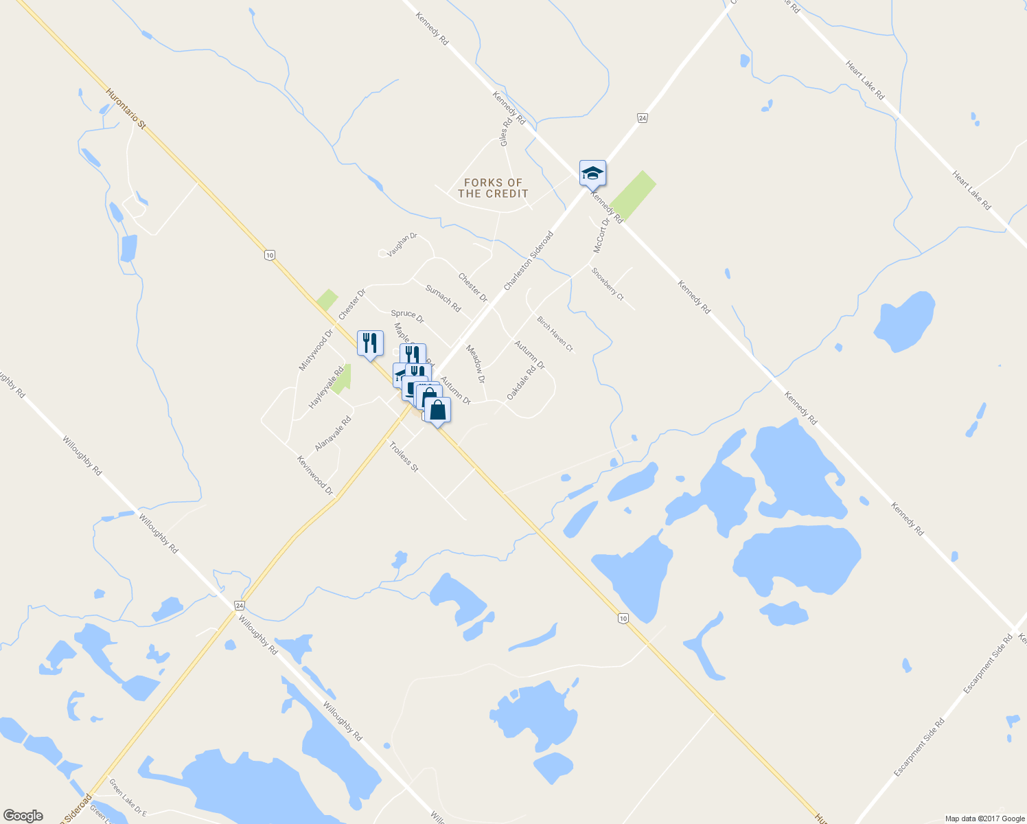 map of restaurants, bars, coffee shops, grocery stores, and more near 20 Autumn Drive in Caledon