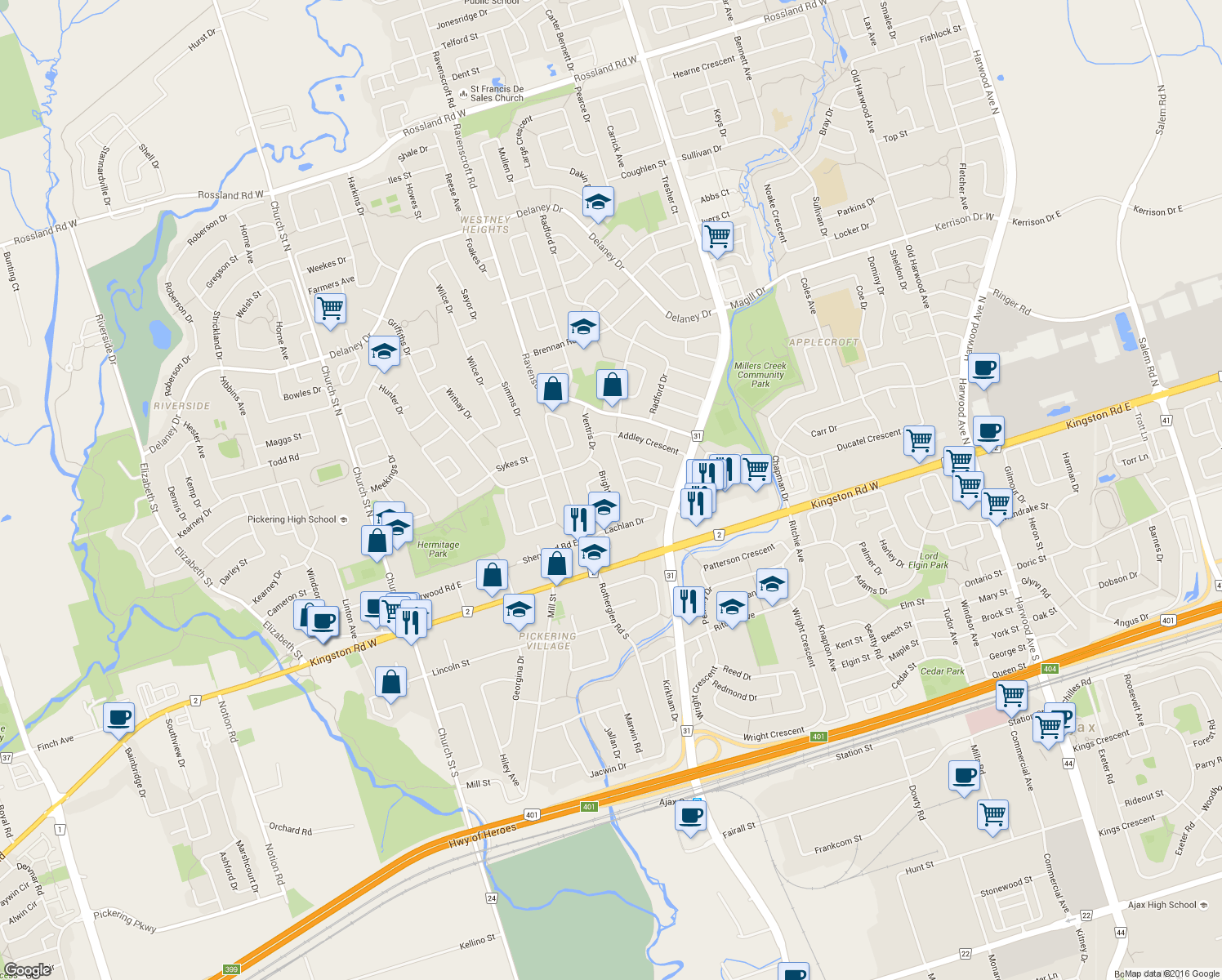 map of restaurants, bars, coffee shops, grocery stores, and more near 29 Brightly Drive in Ajax
