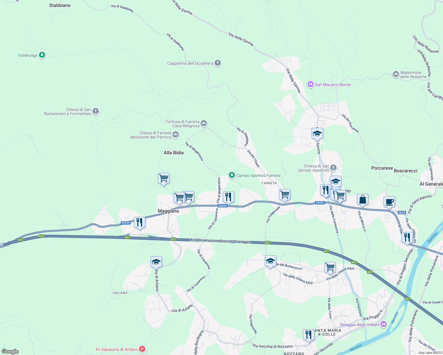 map of restaurants, bars, coffee shops, grocery stores, and more near 324 Via di Magazzeno in Lucca