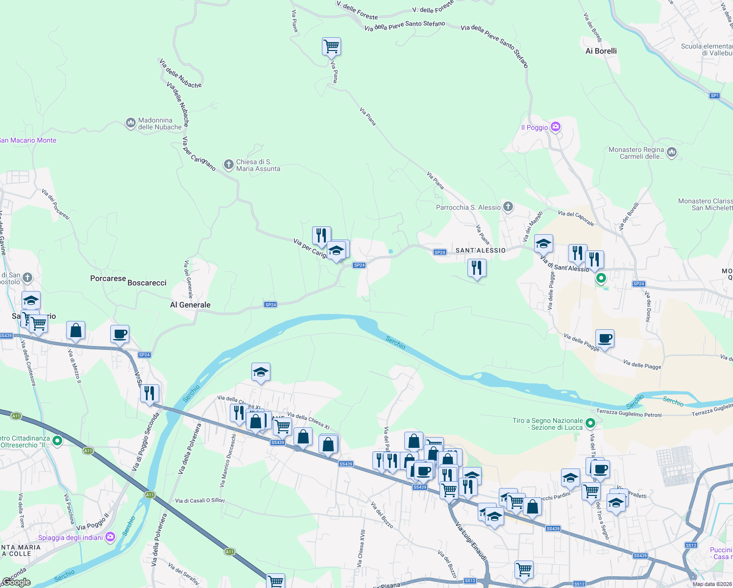 map of restaurants, bars, coffee shops, grocery stores, and more near 214/B Via dei Bocconi in Lucca