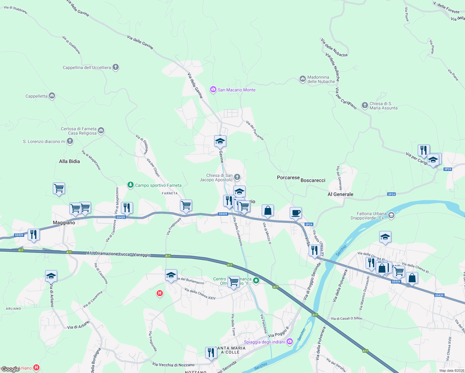 map of restaurants, bars, coffee shops, grocery stores, and more near 215/M Via delle Gavine in Lucca