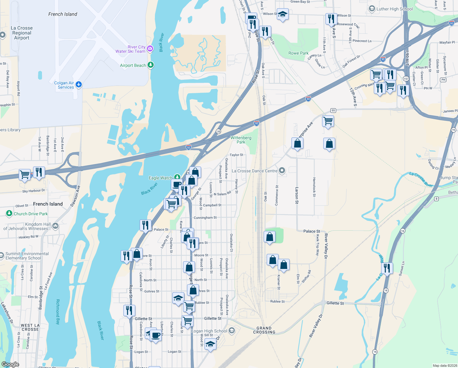 map of restaurants, bars, coffee shops, grocery stores, and more near 2628 Onalaska Avenue in La Crosse