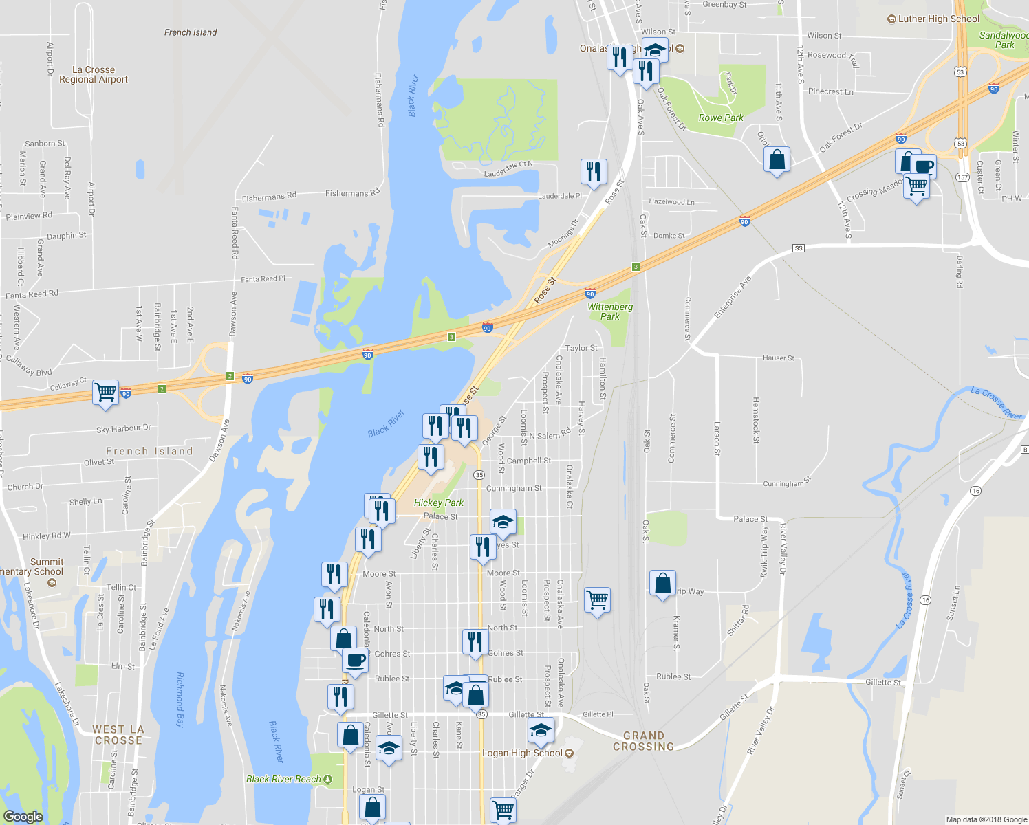 map of restaurants, bars, coffee shops, grocery stores, and more near 2631 Loomis Street in La Crosse