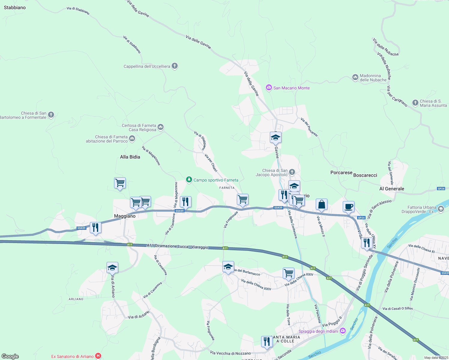 map of restaurants, bars, coffee shops, grocery stores, and more near 424 Via per Chiatri in Lucca