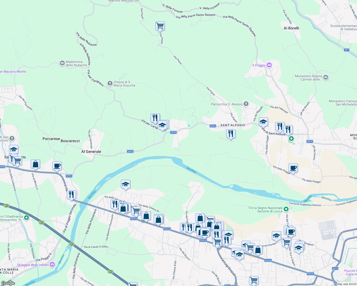 map of restaurants, bars, coffee shops, grocery stores, and more near 214/A Via dei Bocconi in Lucca