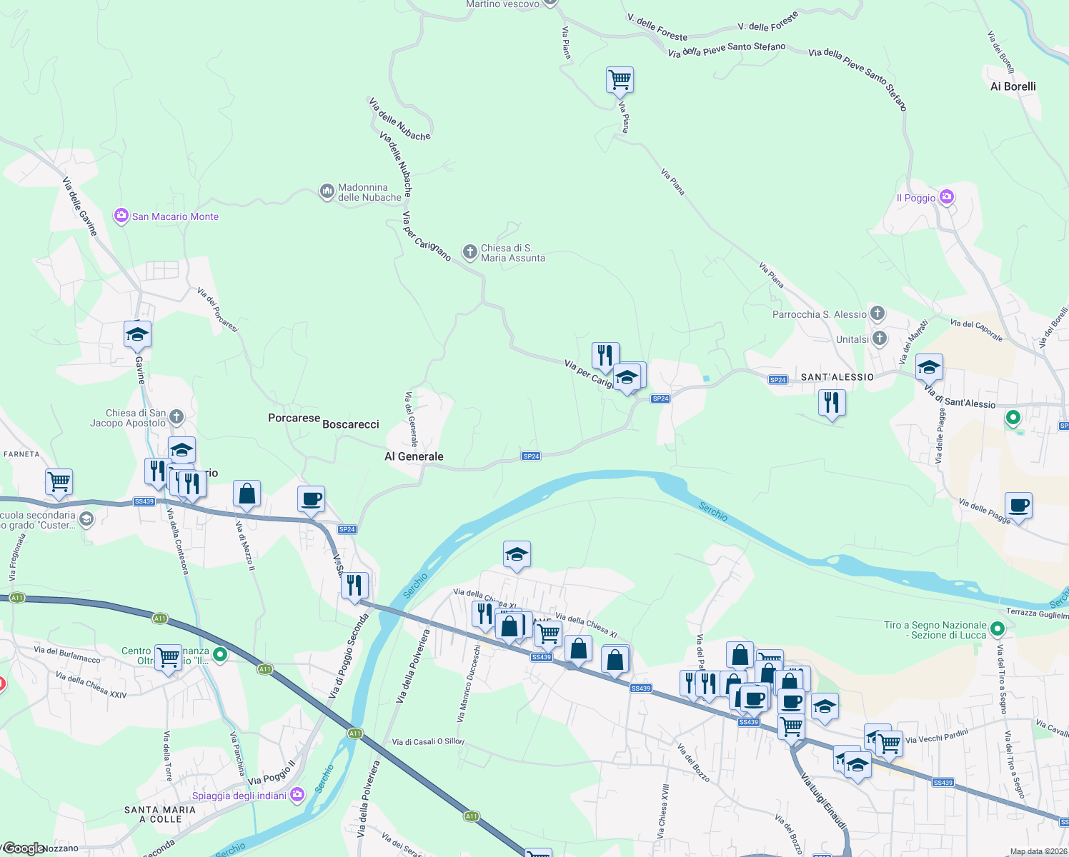 map of restaurants, bars, coffee shops, grocery stores, and more near 4320 Via di Sant'Alessio in Lucca