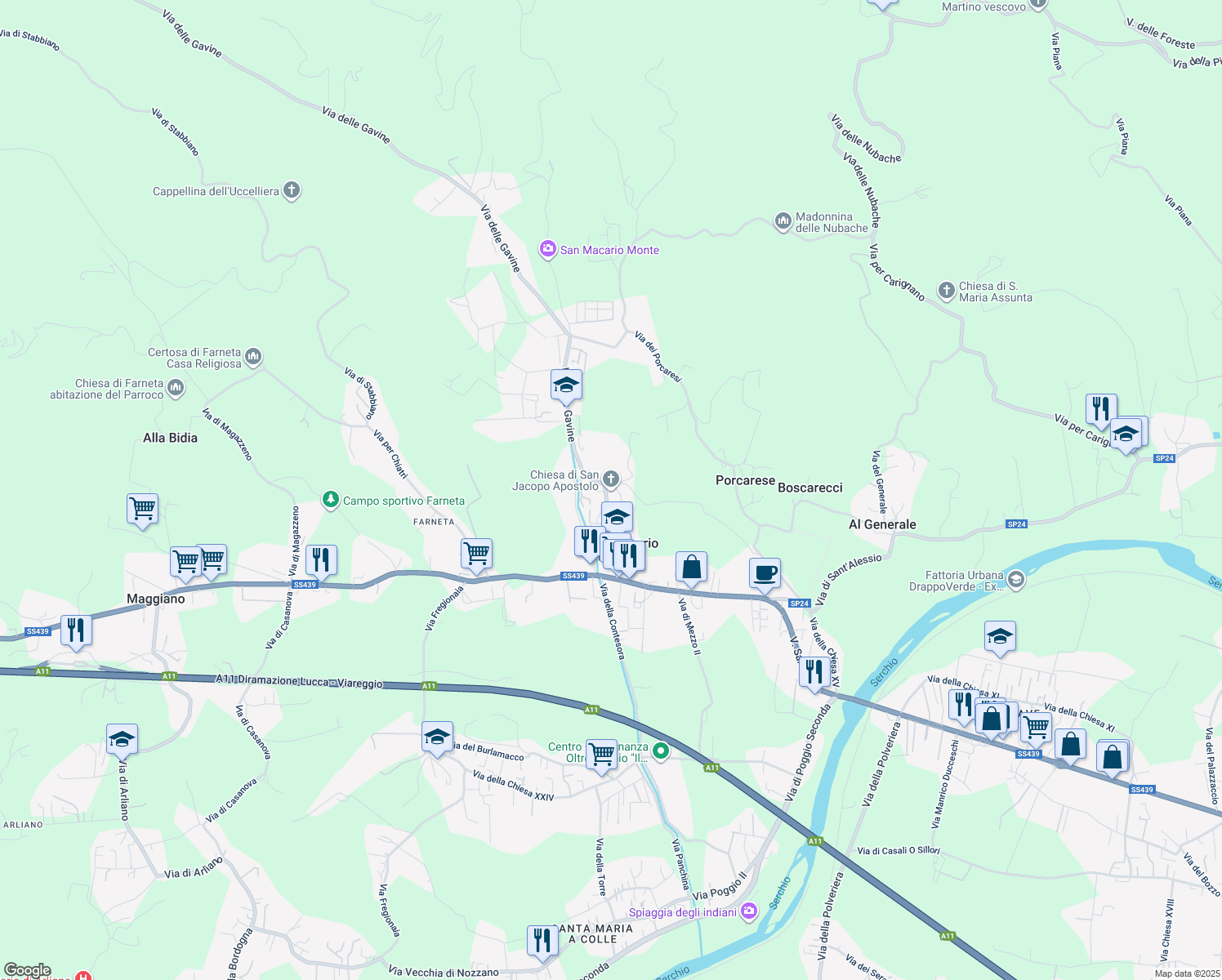 map of restaurants, bars, coffee shops, grocery stores, and more near Via della Chiesa XXIII in Lucca