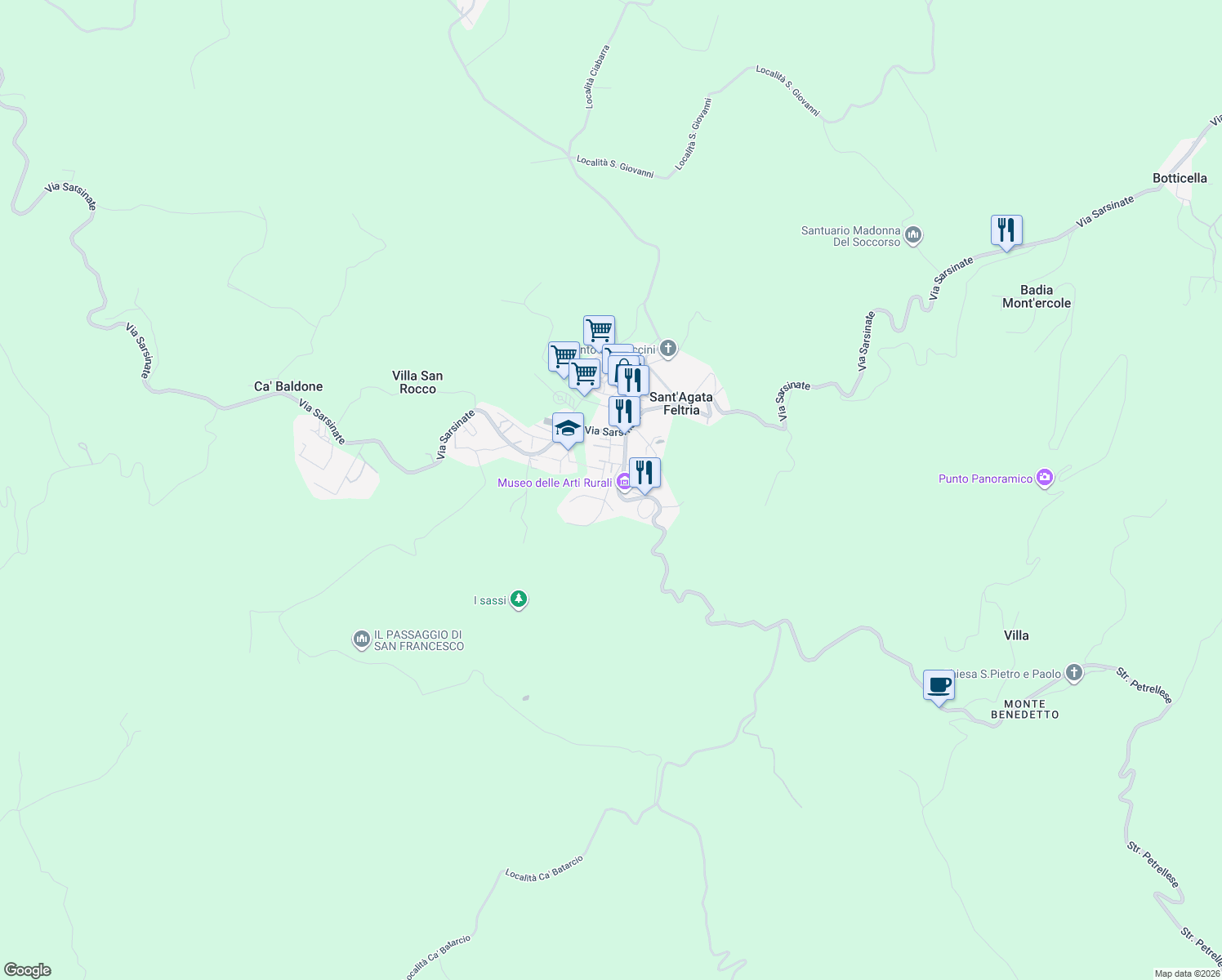 map of restaurants, bars, coffee shops, grocery stores, and more near 18 Via Malatesta in Sant'Agata Feltria