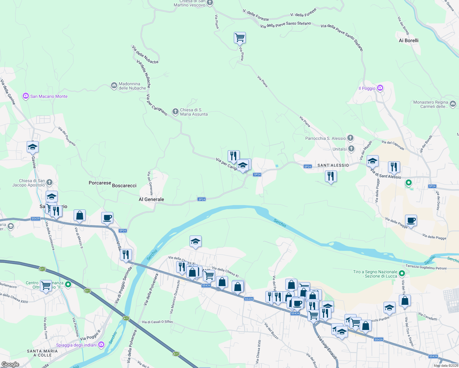 map of restaurants, bars, coffee shops, grocery stores, and more near 3702 Via di Sant'Alessio in Lucca
