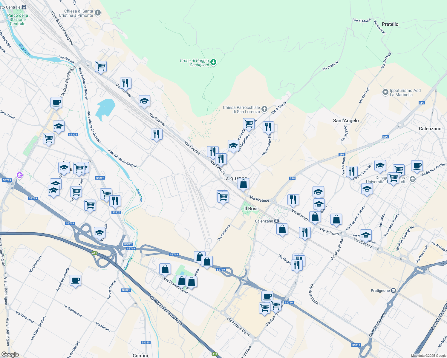 map of restaurants, bars, coffee shops, grocery stores, and more near 405 Via Firenze in Prato