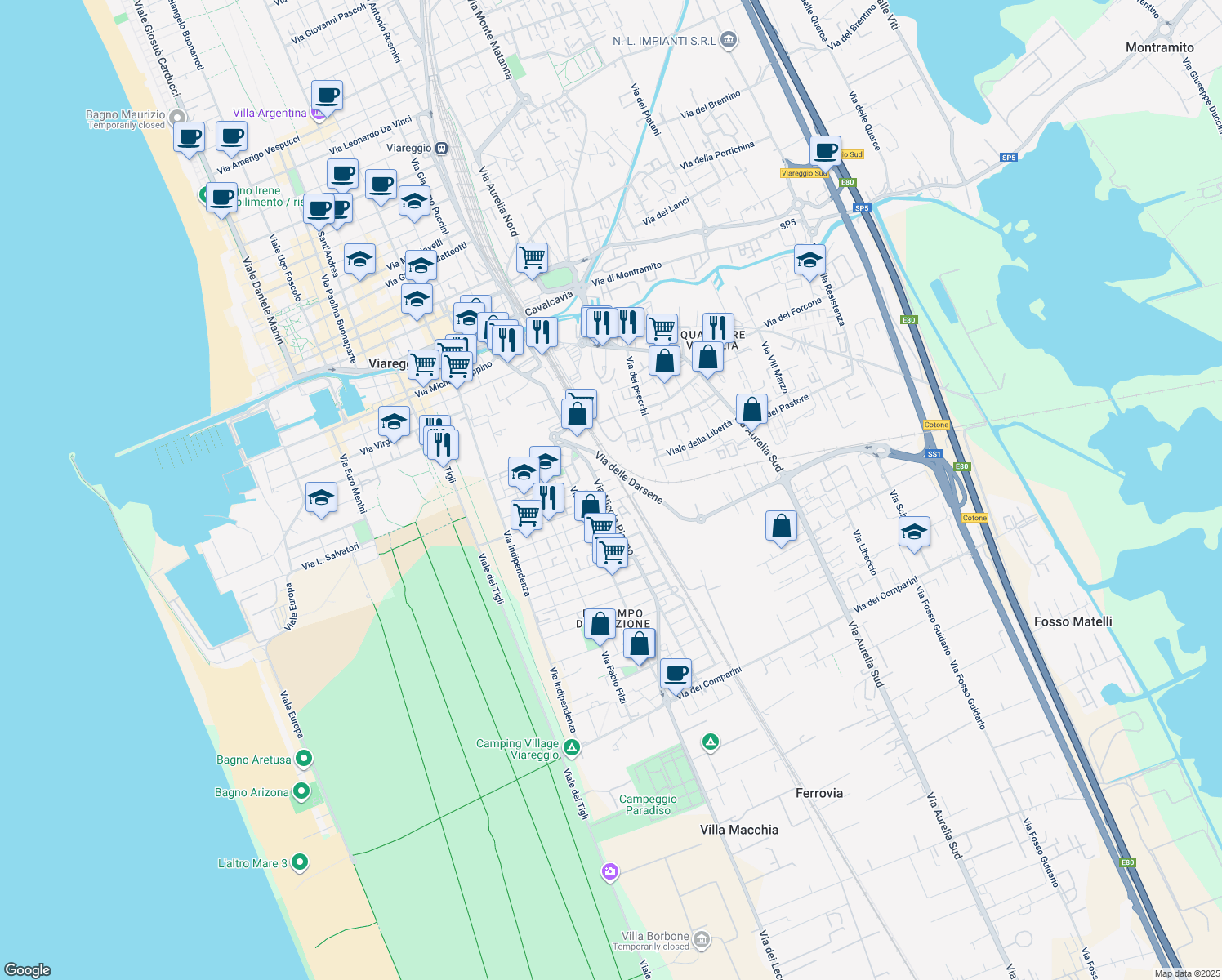 map of restaurants, bars, coffee shops, grocery stores, and more near 17 Via Ilio del Chiaro in Viareggio