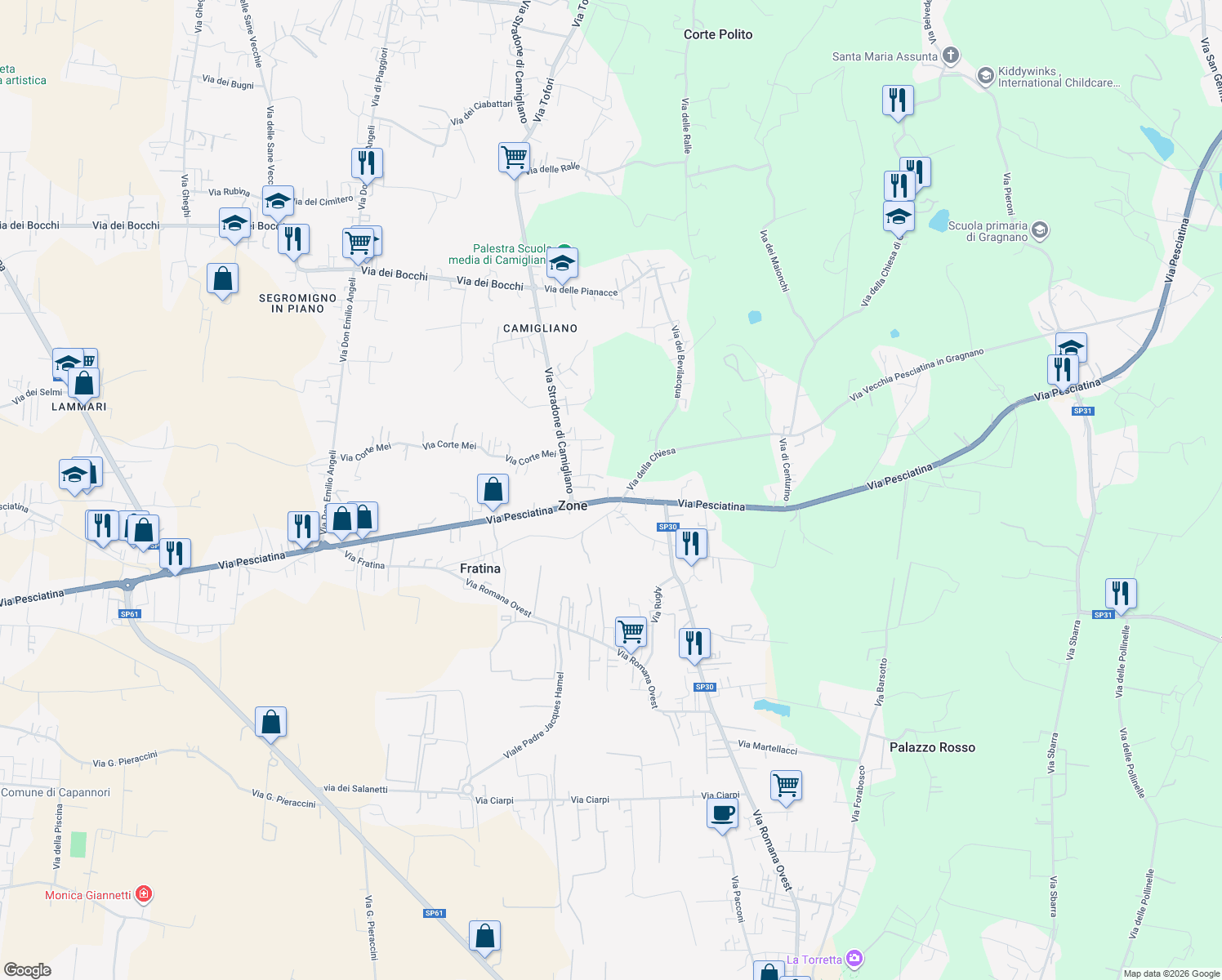 map of restaurants, bars, coffee shops, grocery stores, and more near 467 Via Pesciatina in Capannori