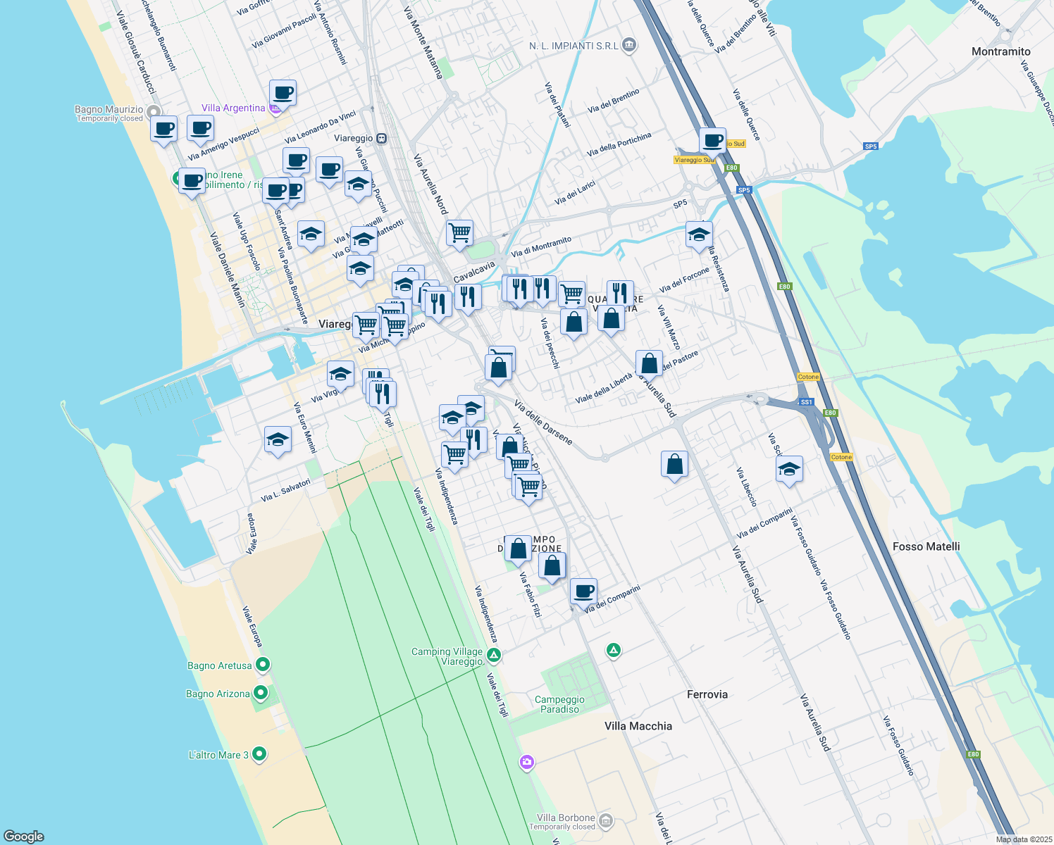 map of restaurants, bars, coffee shops, grocery stores, and more near 17 Via Ilio del Chiaro in Viareggio
