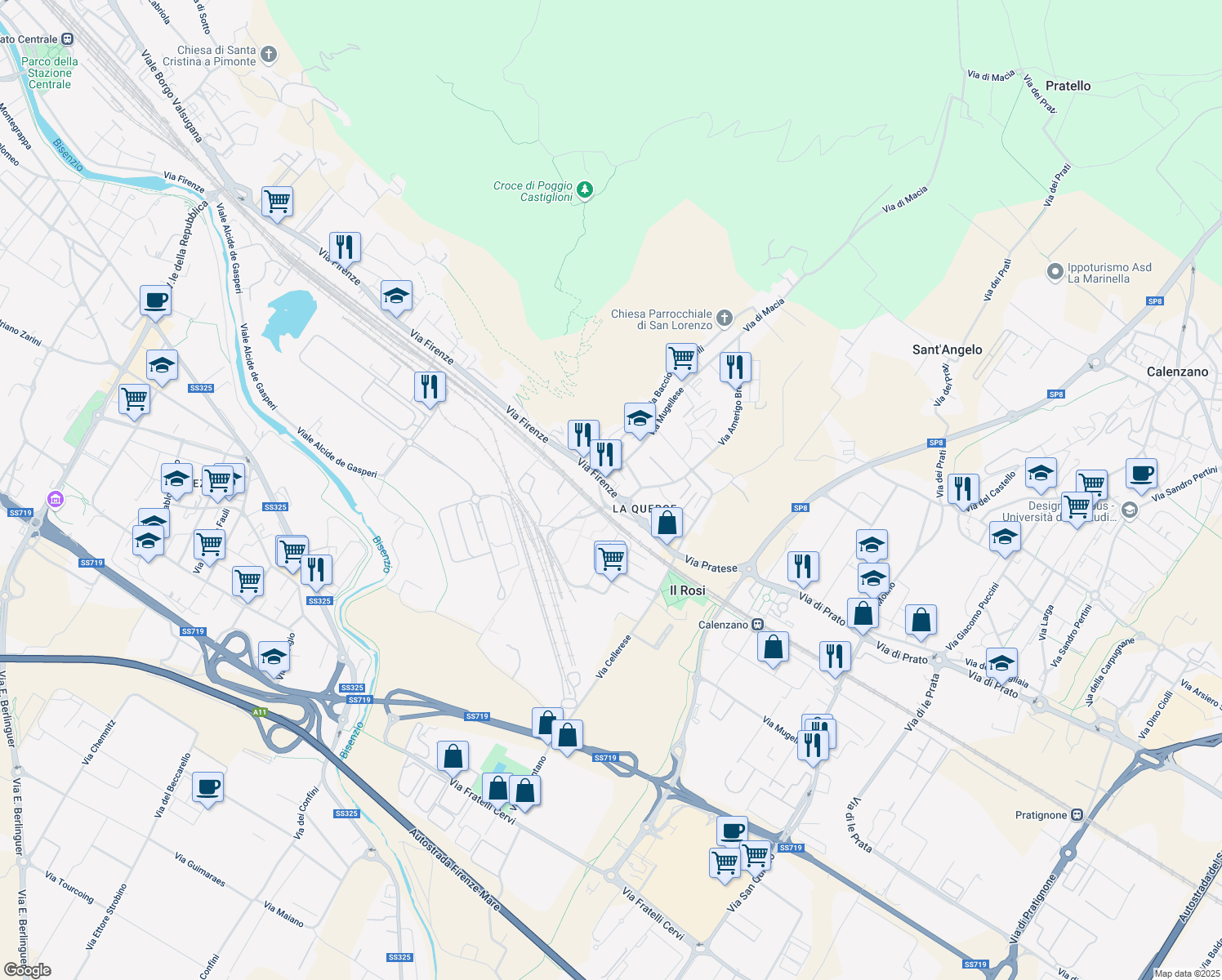 map of restaurants, bars, coffee shops, grocery stores, and more near 405 Via Firenze in Prato