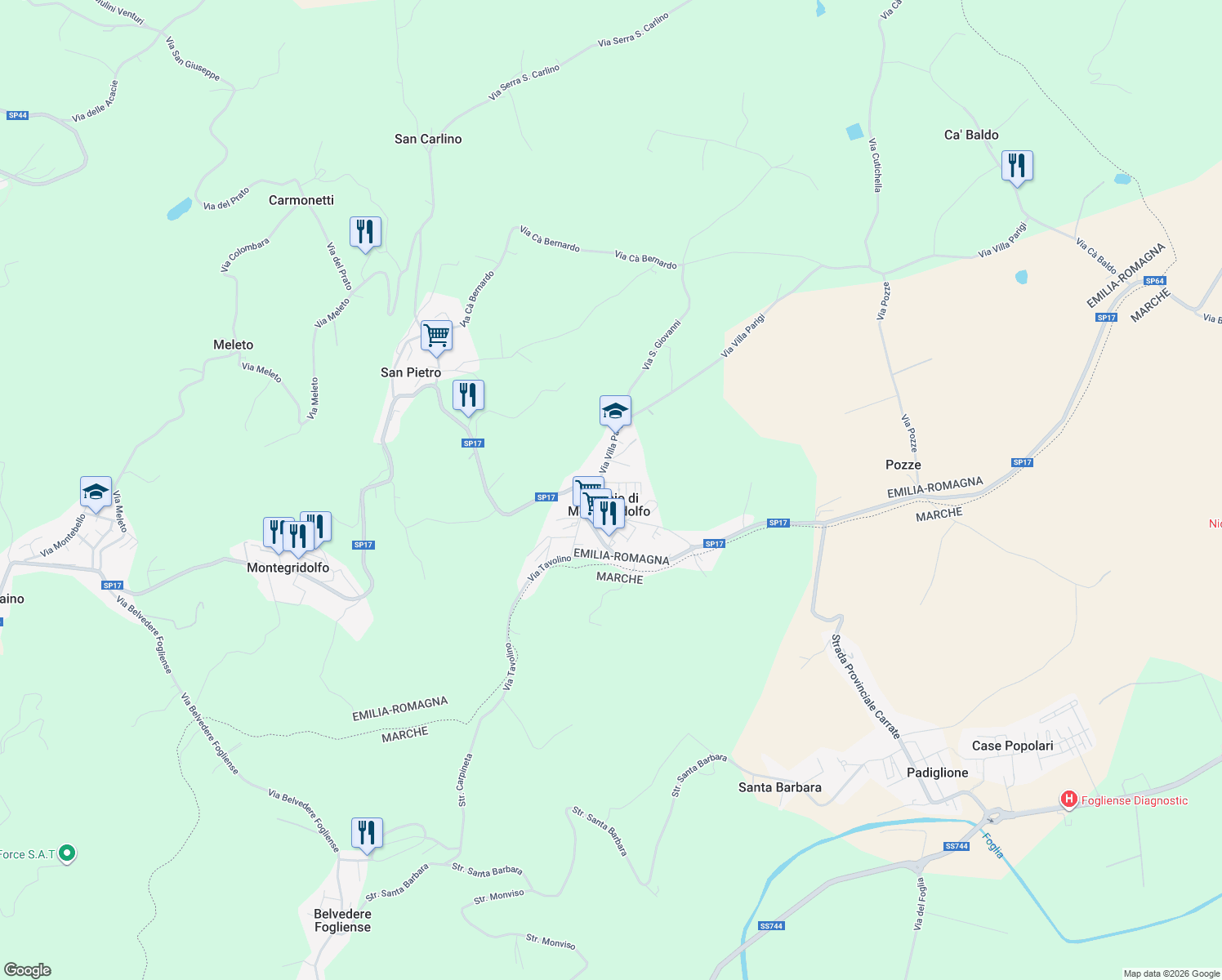 map of restaurants, bars, coffee shops, grocery stores, and more near 8E Via G. R. Norton in Trebbio di Montegridolfo