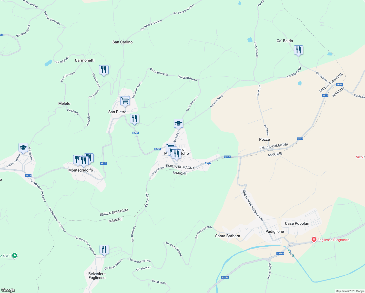 map of restaurants, bars, coffee shops, grocery stores, and more near 8E Via G. R. Norton in Trebbio di Montegridolfo
