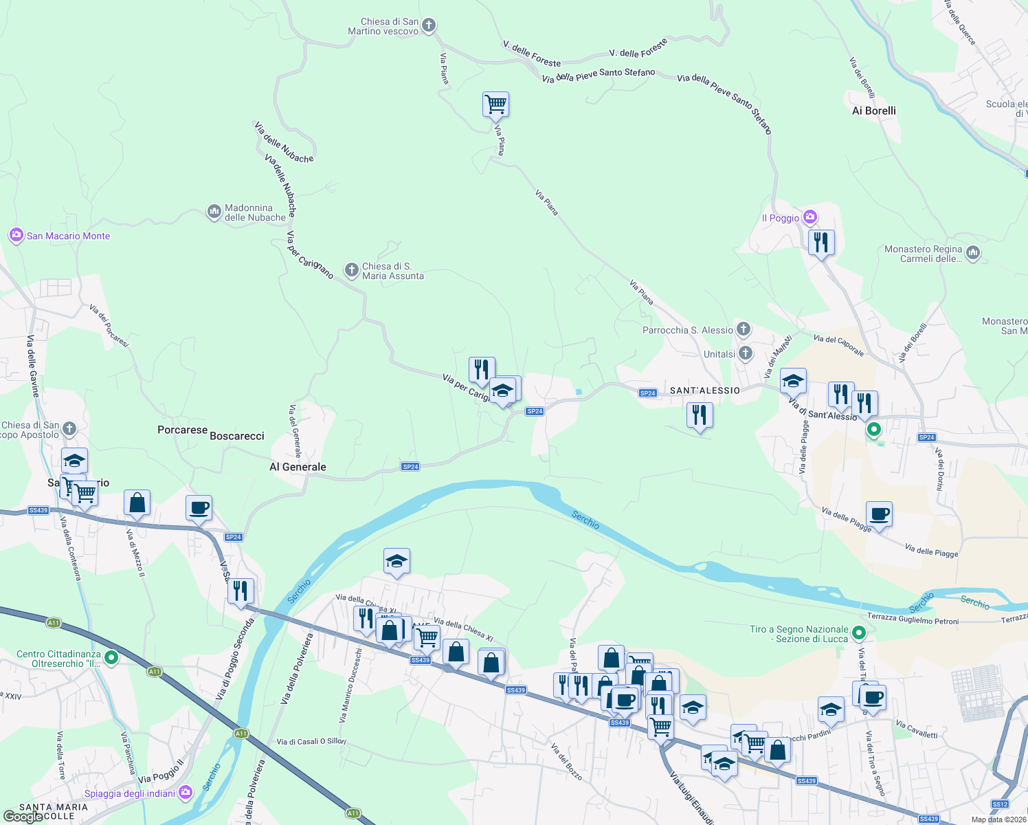 map of restaurants, bars, coffee shops, grocery stores, and more near 3702 Via di Sant'Alessio in Lucca